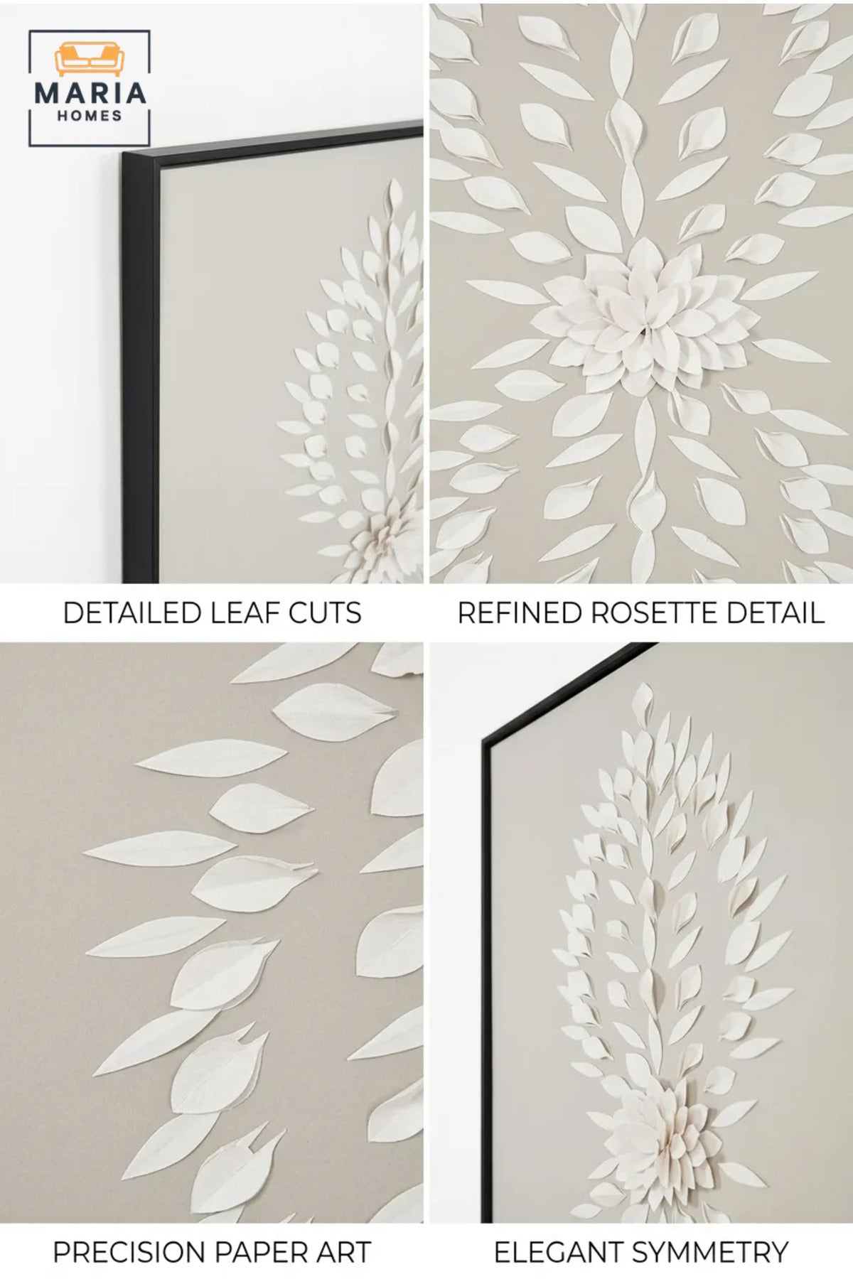 Modern Botanical Textured Wall Art with Slim Black Frame, White Leaf Design on Neutral Grey Canvas for Living Room, Bedroom, Hallway and Office Décor
