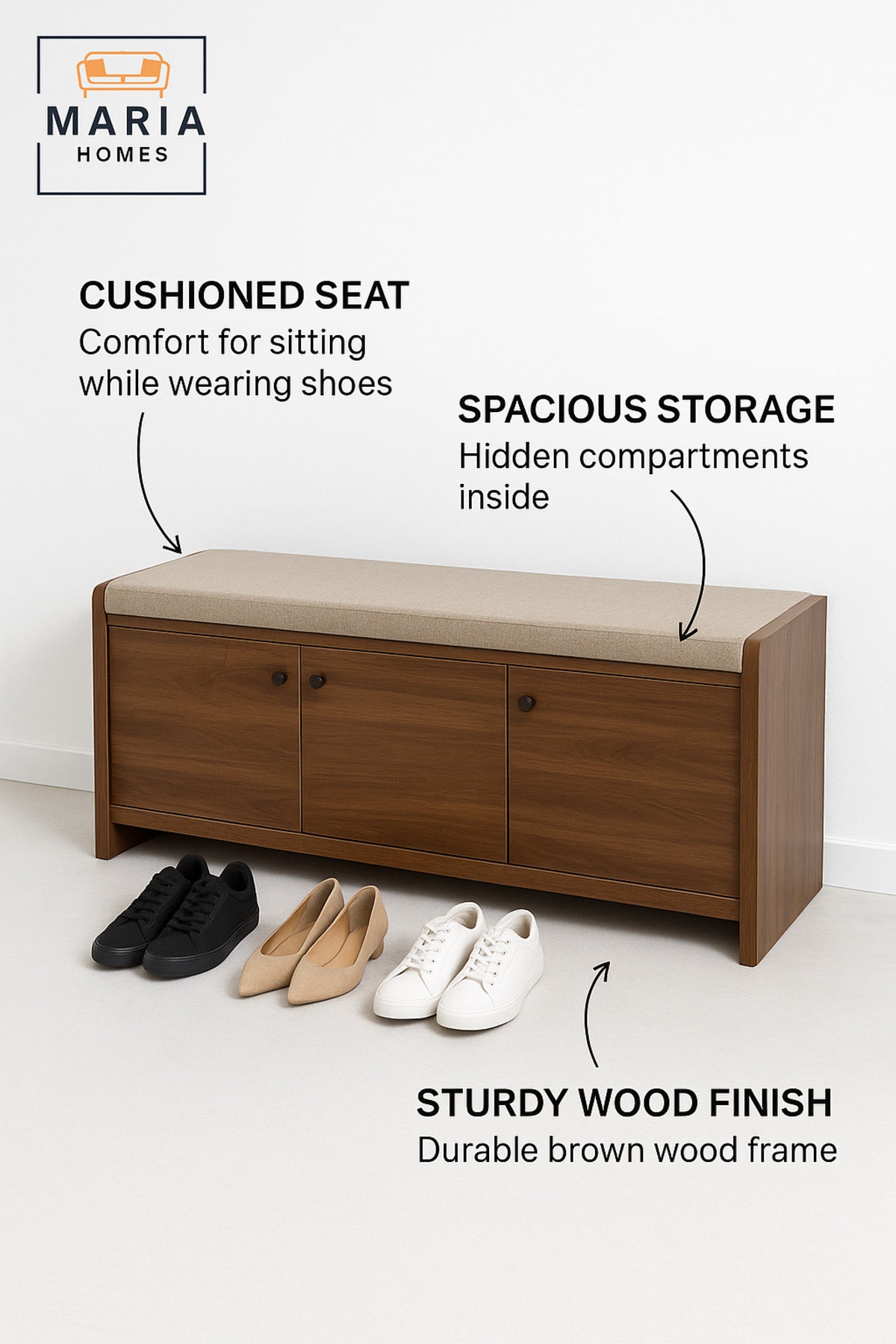 Brown Wooden Storage Bench with Cushion Seat Ð Entryway Shoe Cabinet (120_40_52 cm)
