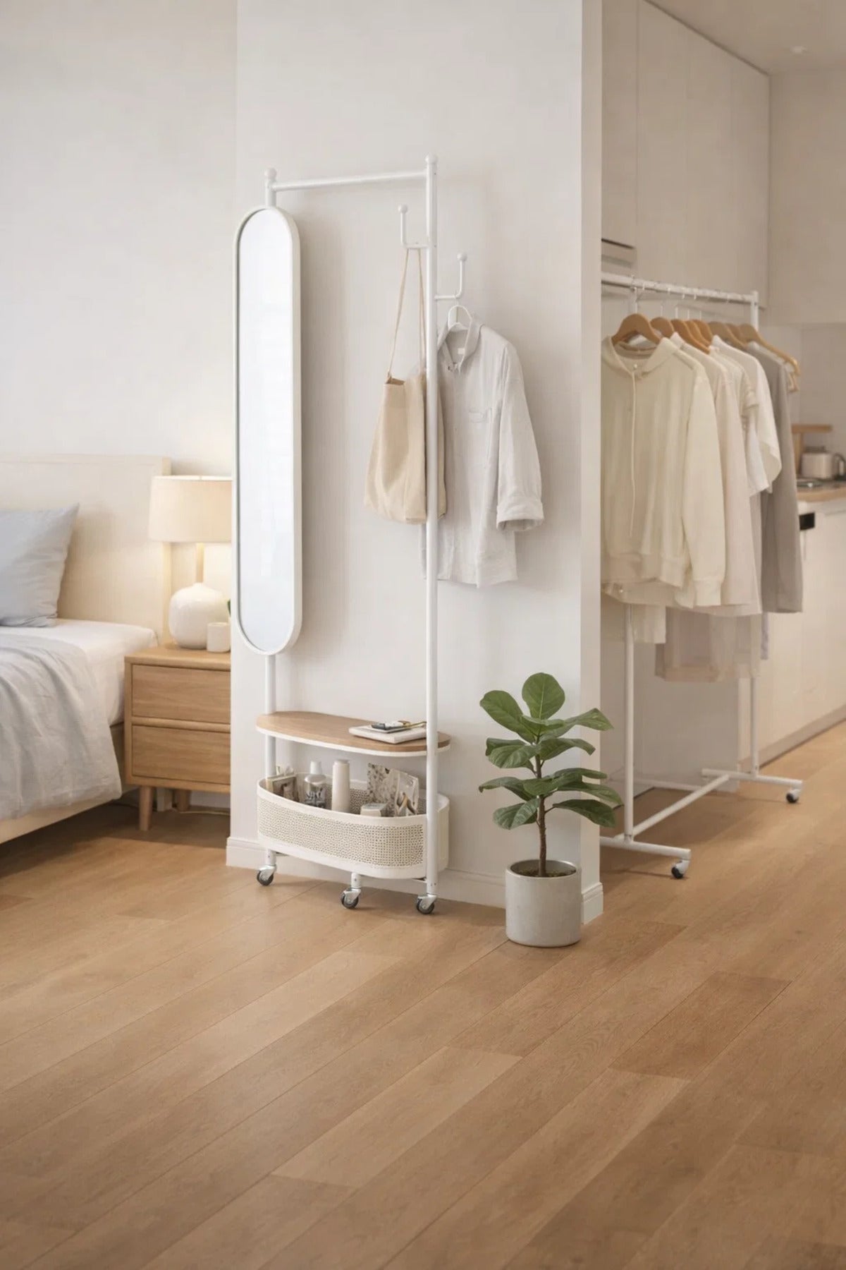 Multifunctional Rolling Coat Rack Stand with Oval Mirror and Storage Basket for Dressing Room White