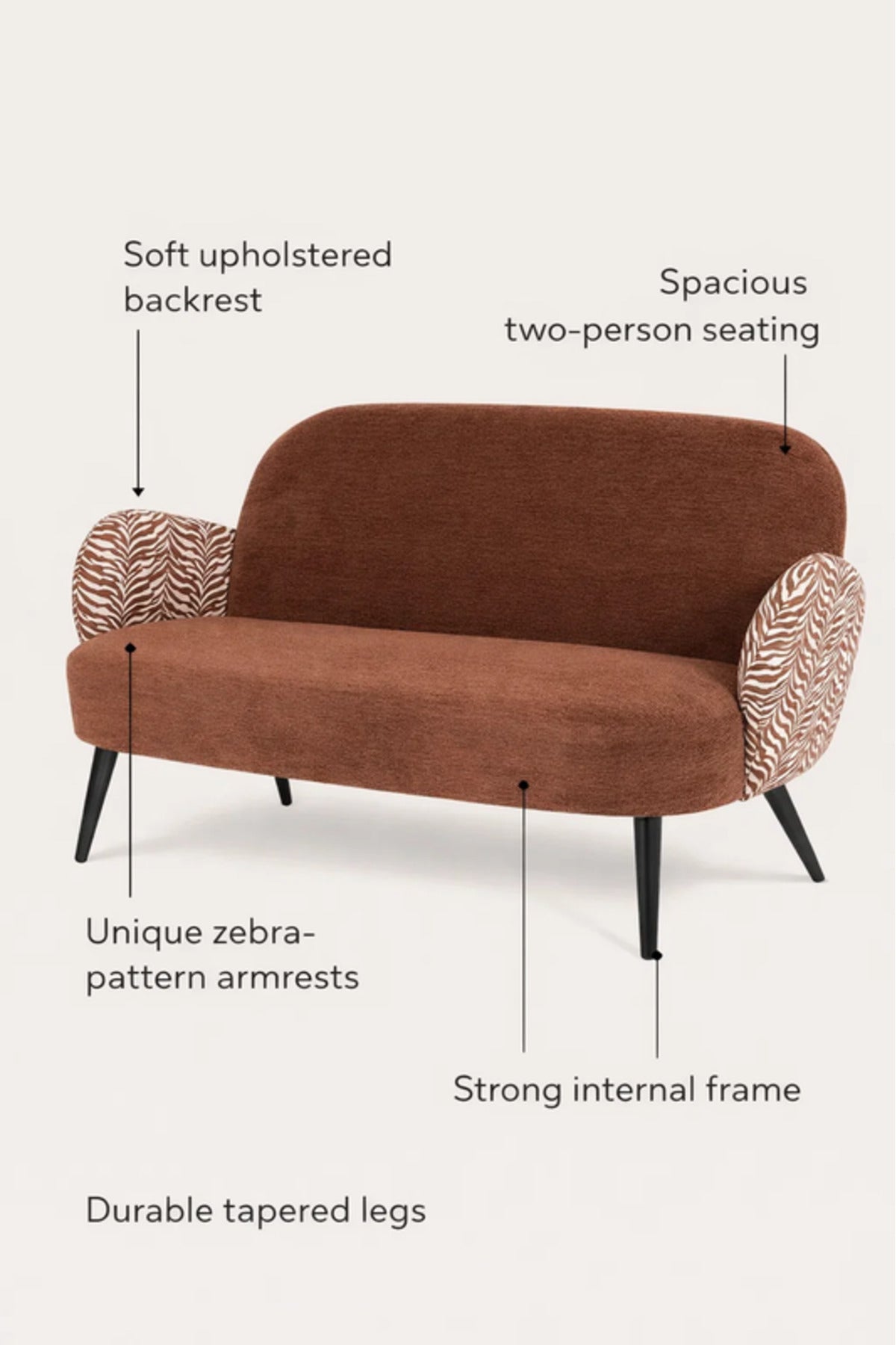 Modern Brown Two Seat Sofa with Patterned Armrests Upholstered Living Room Couch modern