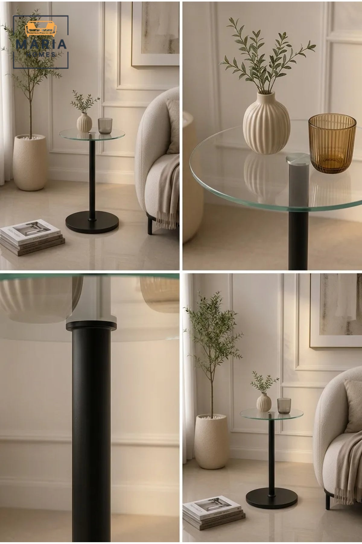 Minimalist Round Glass Side Table with Black Metal Pedestal Base for Modern Living Spaces