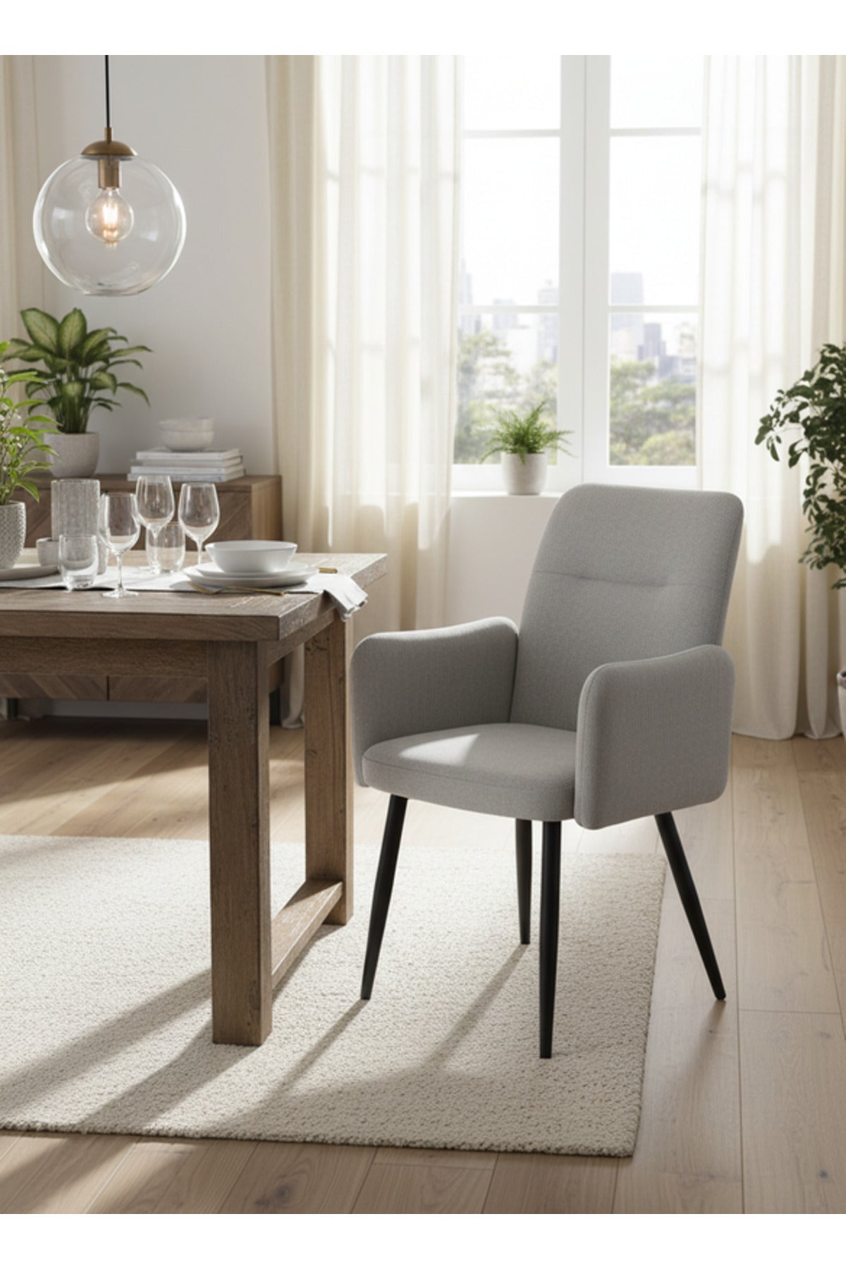 Light Grey Armchair with Black Metal Legs, 90x55x47 CM light grey armchair Dining Room