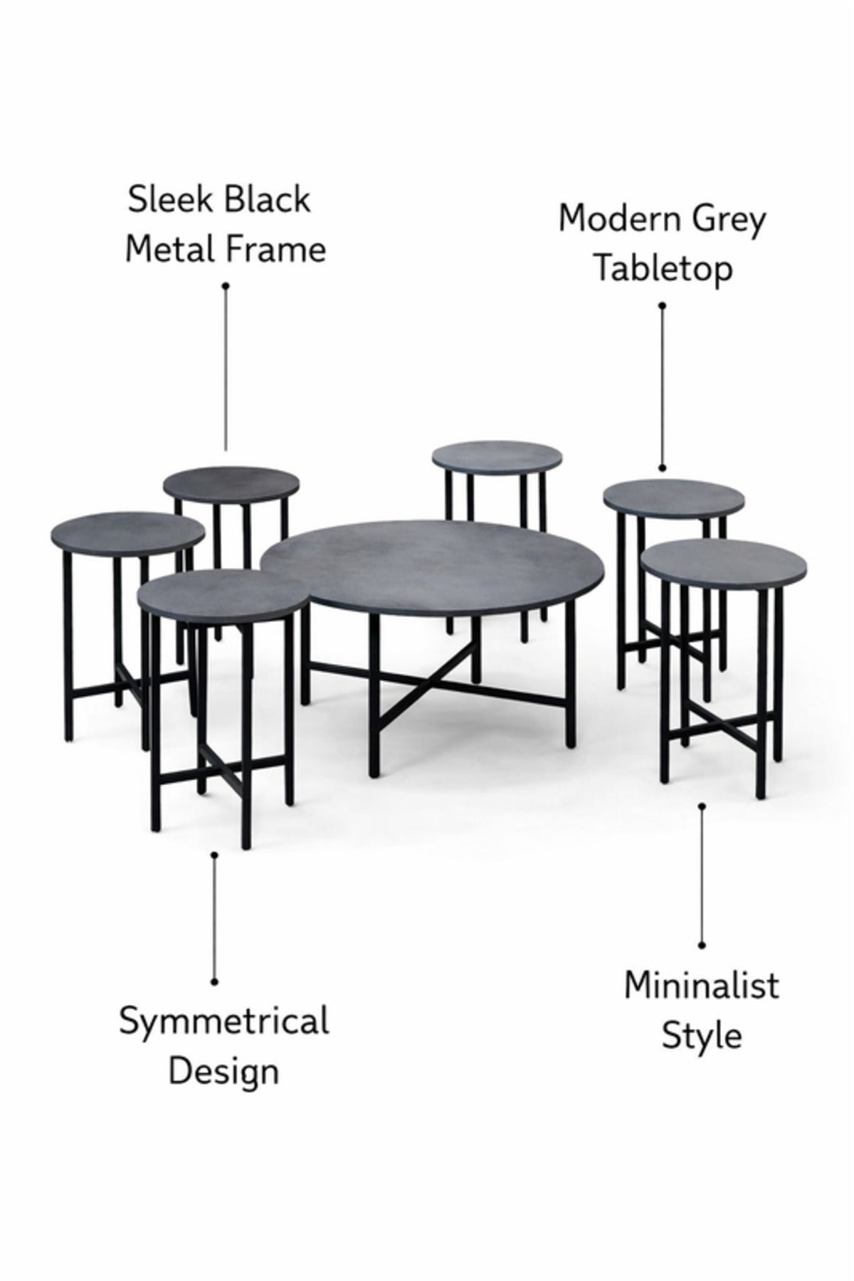 Modern 7-Piece Round Coffee Table Set Grey Wood Finish Black Metal Frame Living Room Furniture