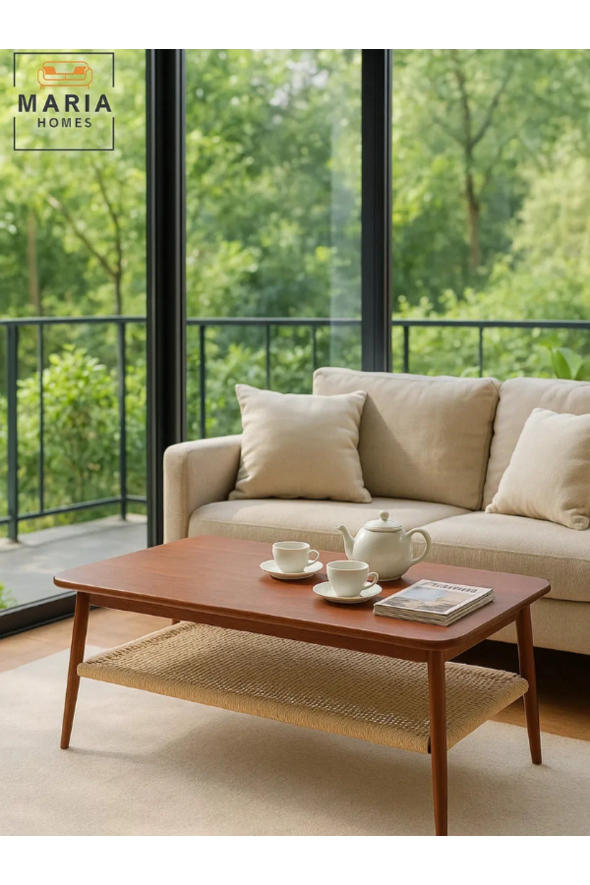 Modern Rectangular Center Table with Wooden Top and Woven Storage Shelf Ð Walnut Finish