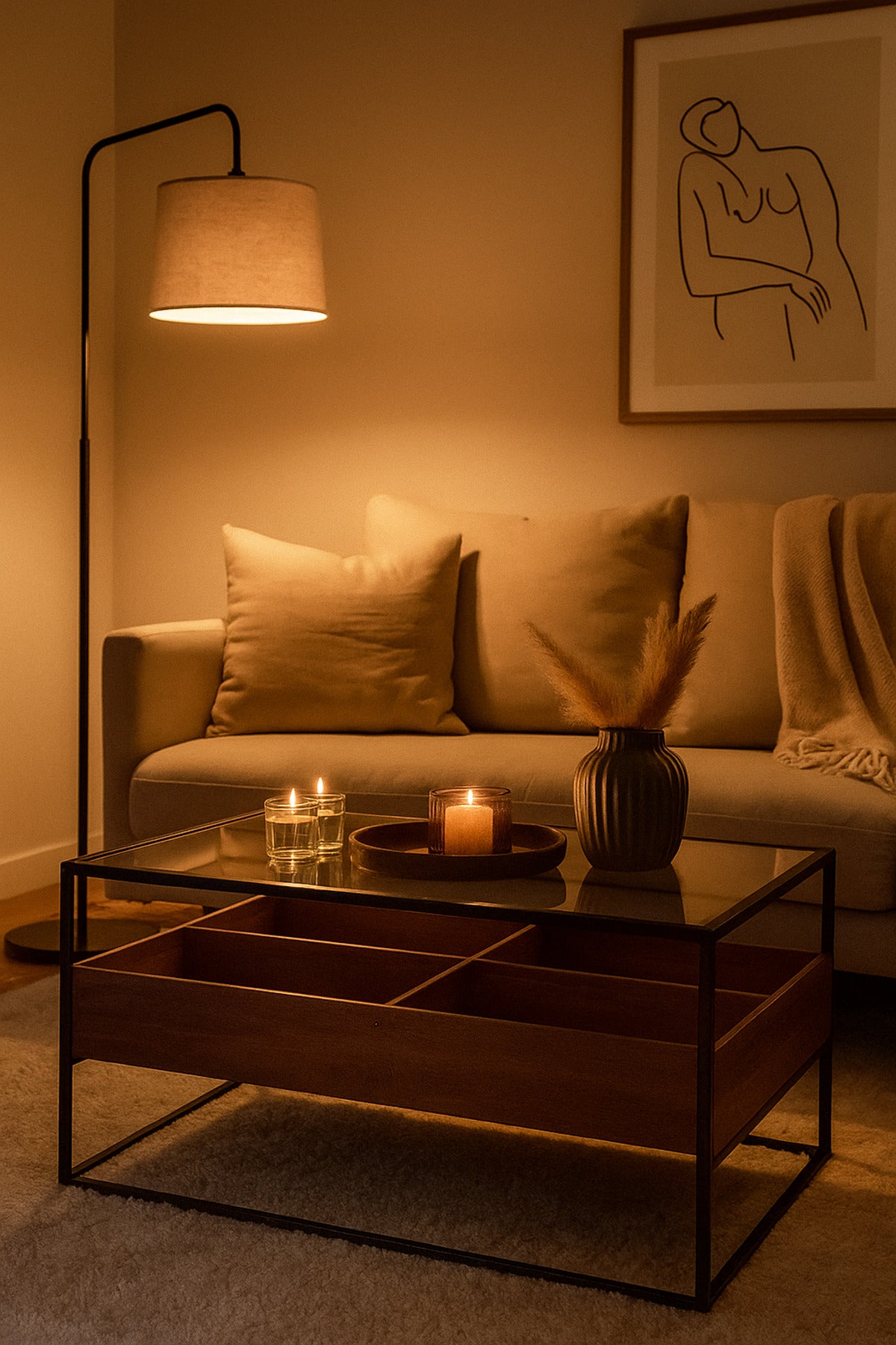 Walnut Coffee Table with Glass Top & Black Metal Frame Ð 120_60_45 cm