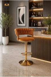 Luxury Adjustable Velvet Bar Stool with Quilted Backrest and Gold Metal Base