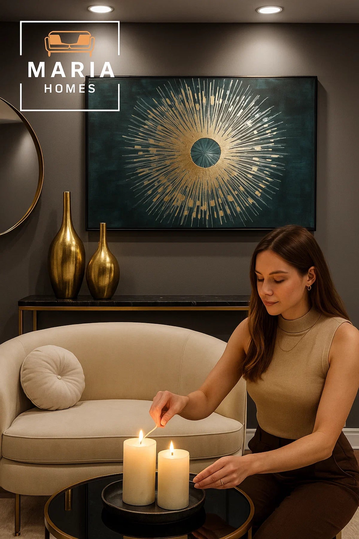 Framed Abstract Wall Art Ð Golden Sunburst on Textured Teal Background and Size 102*152 cm