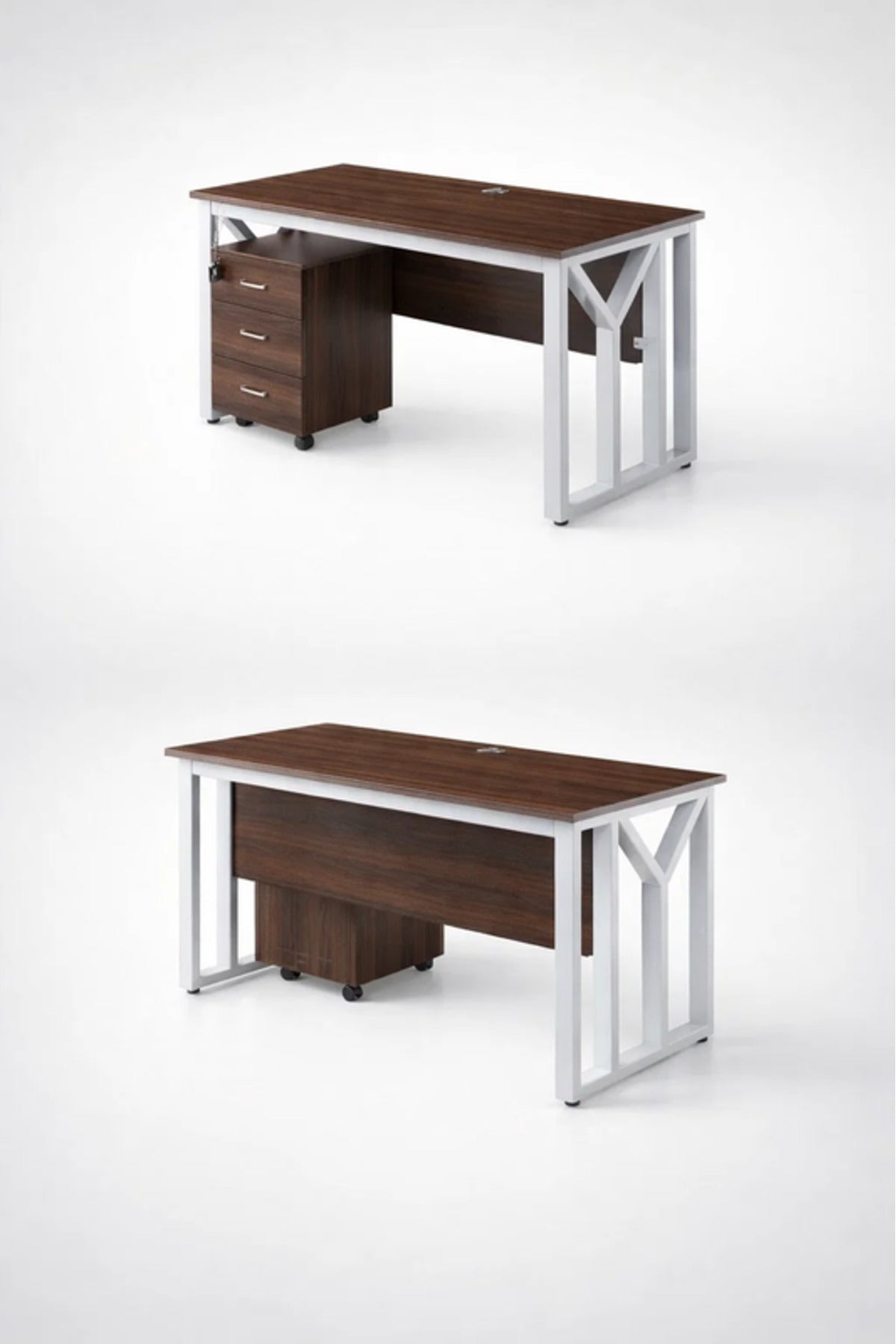 Modern Coffee Office Desk with White Metal Frame & Rolling Drawer