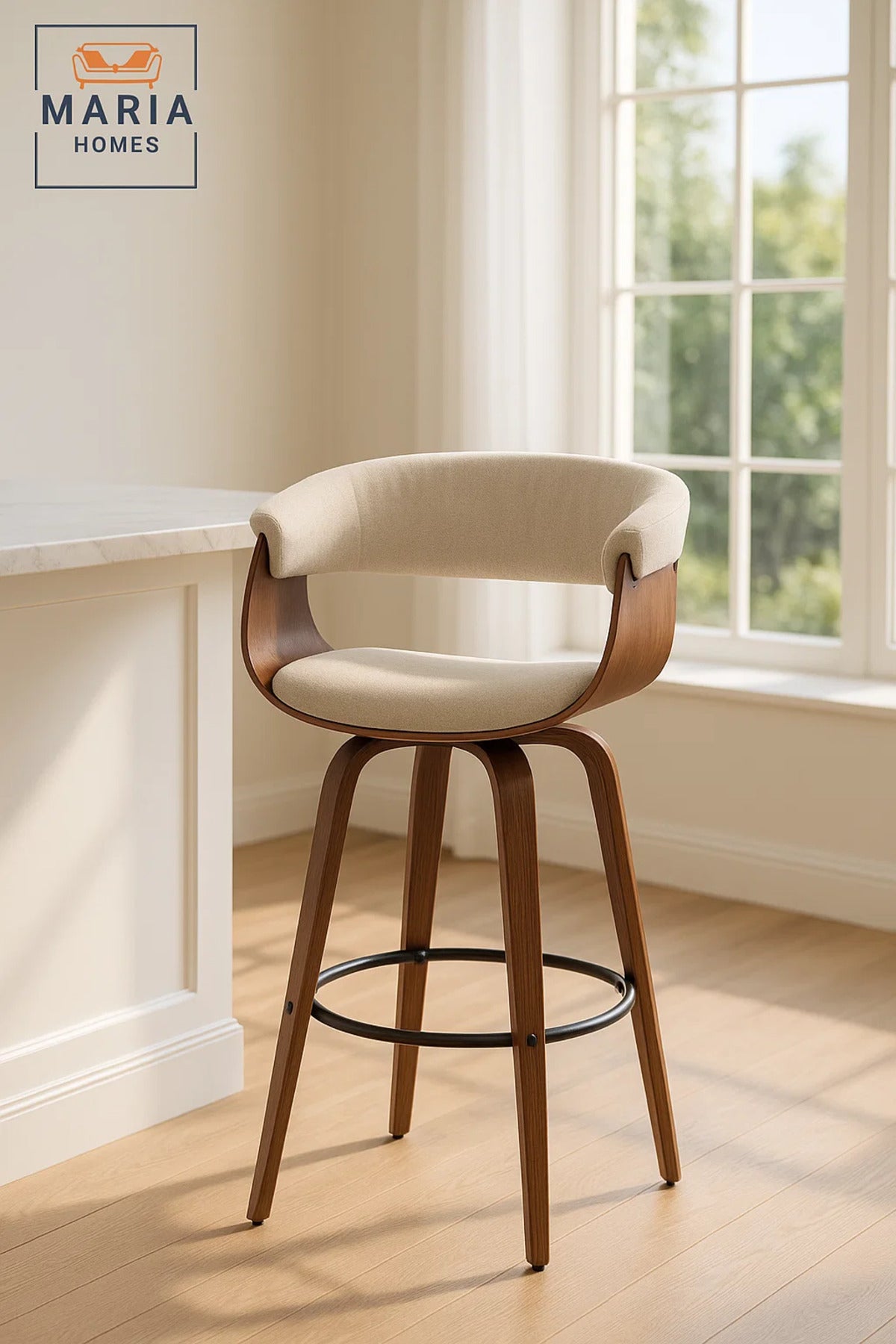 Beige Upholstered Swivel Bar Stool with Curved Wood Backrest, Metal Footrest for Kitchen & Counter