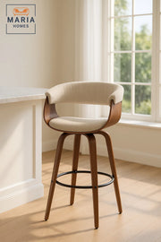 Beige Upholstered Swivel Bar Stool with Curved Wood Backrest, Metal Footrest for Kitchen & Counter