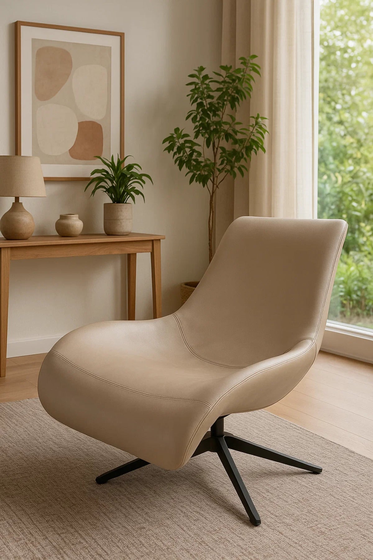 Modern Beige Curved Lounge Chair with Faux Leather Ð Stylish Accent Chair for Living Room or Office