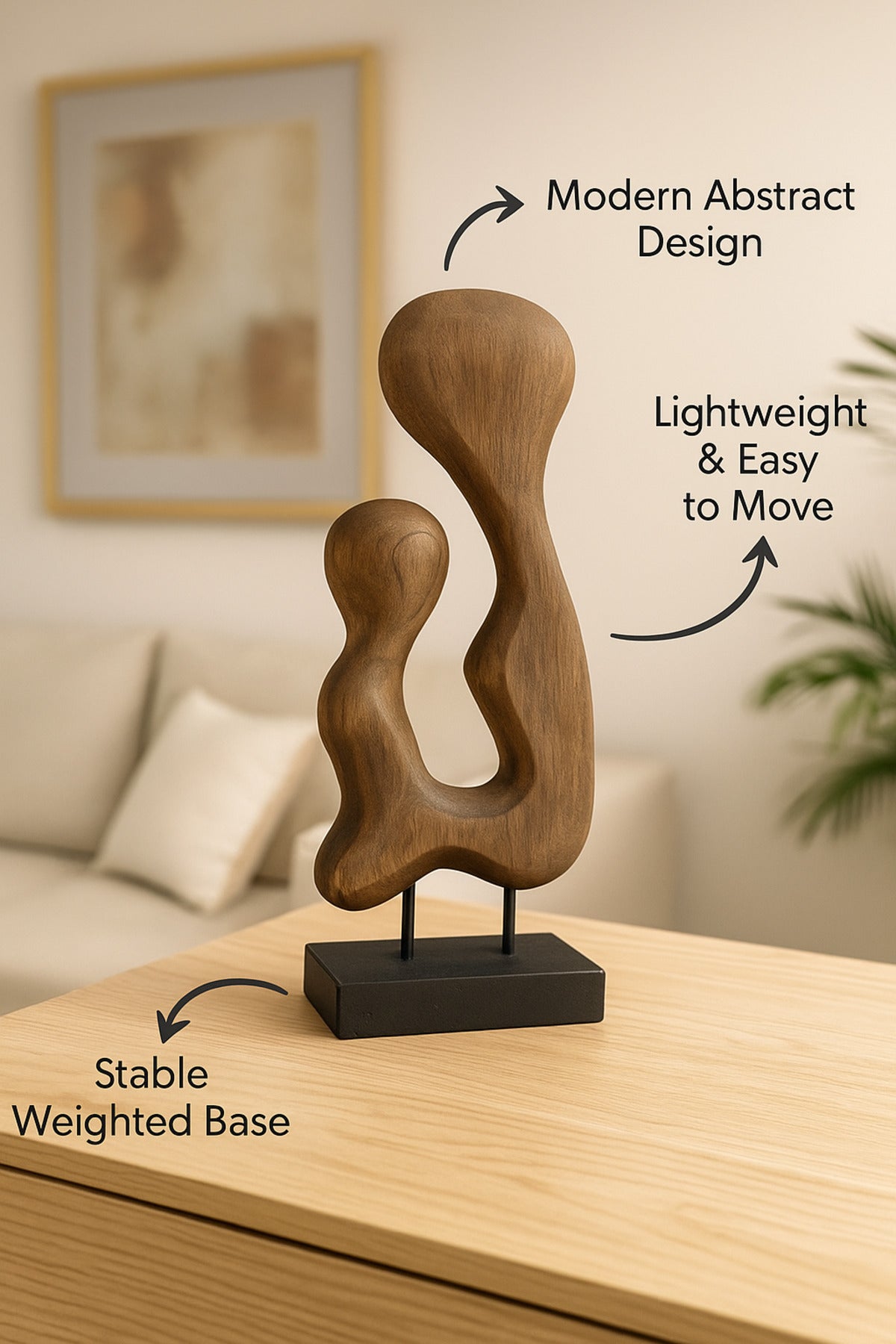 Walnut and Black Wooden Abstract Freeform Sculpture on Stand Ð Modern Artistic Accent