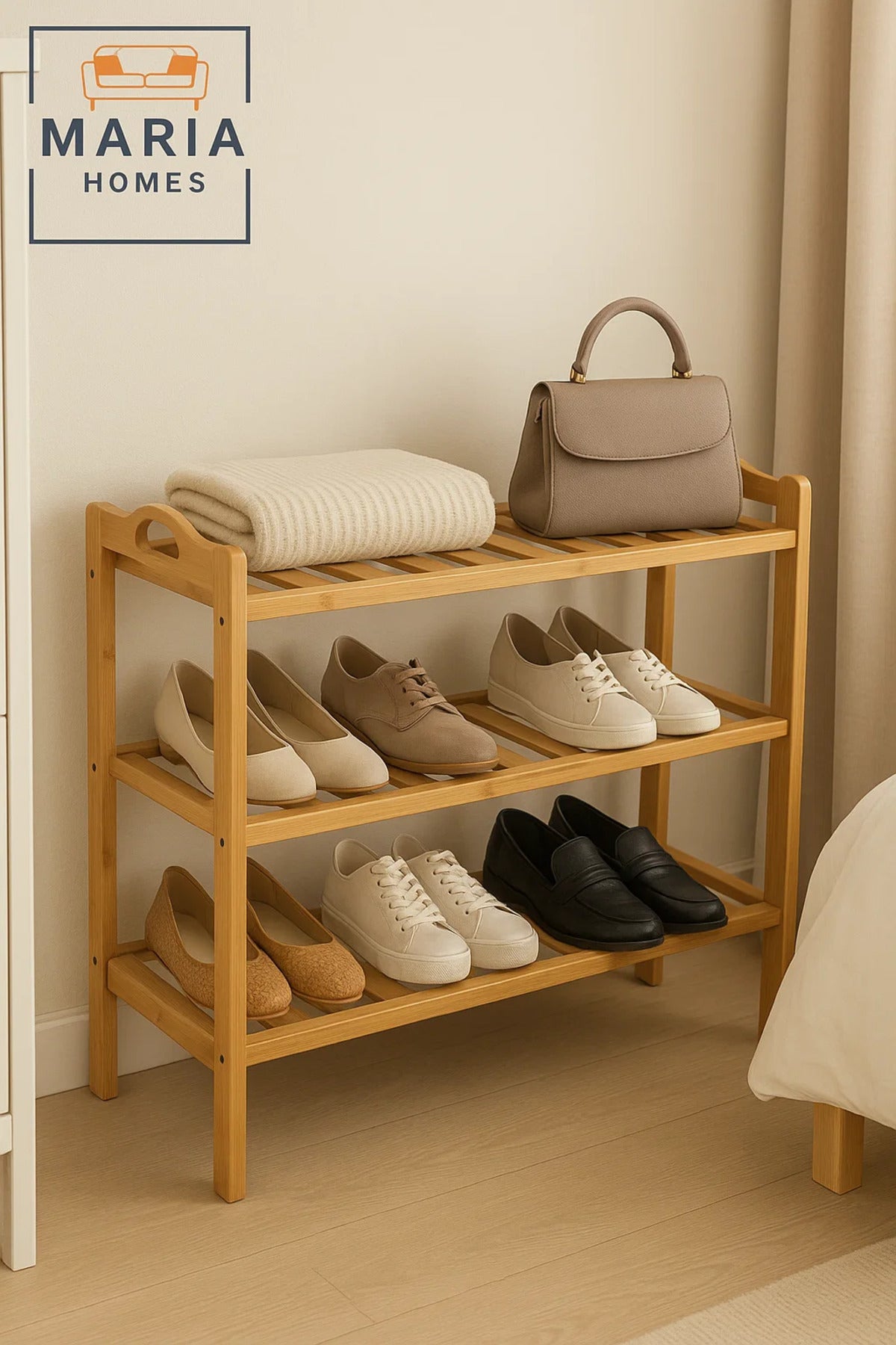 3-Tier Natural Bamboo Shoe Rack Organizer Shelf for Entryway, Hallway, Closet or Living Room