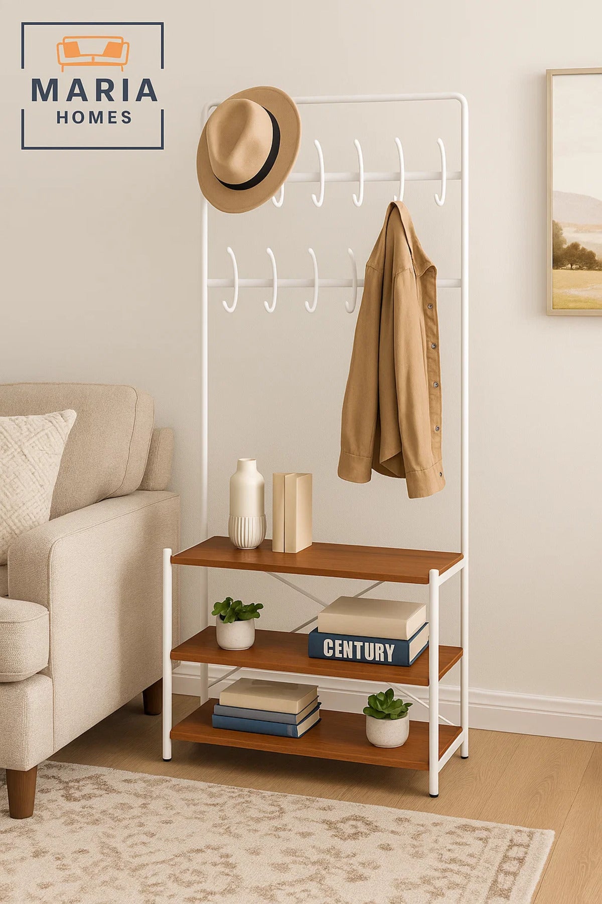White Frame Coat Rack with 12 Hooks and 3-Tier Wooden Shoe Shelves