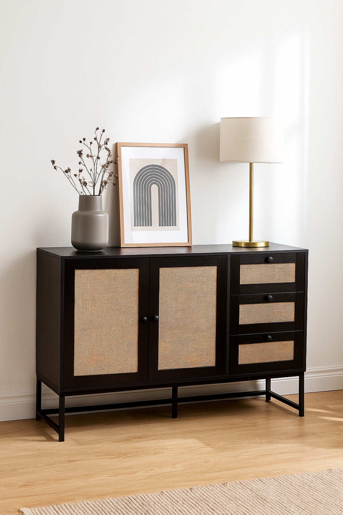 Black Rattan Console Table 120_40_85 cm Ð Modern Wooden Storage Cabinet with 2 Doors, 3 Drawers