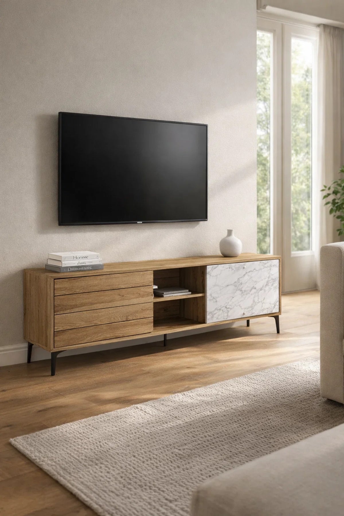 Stylish 160cm TV Unit Wood and Marble Effect Media Cabinet with Storage for Modern Living Rooms