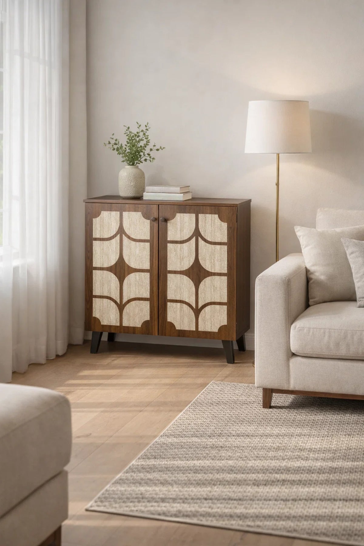 Dark Brown and Beige Shoe Cabinet with Decorative Pattern 80 x 32 x 93 cm