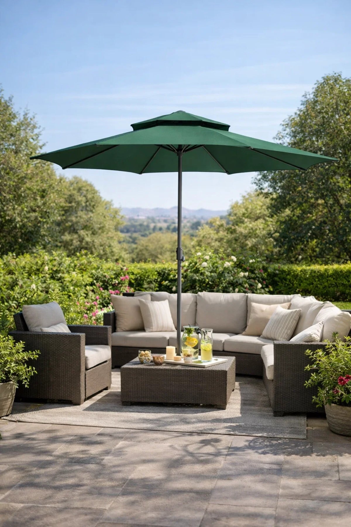 Premium Green Garden Umbrella 300cm Large Double Top Patio Parasol with Easy Crank Handle Shade