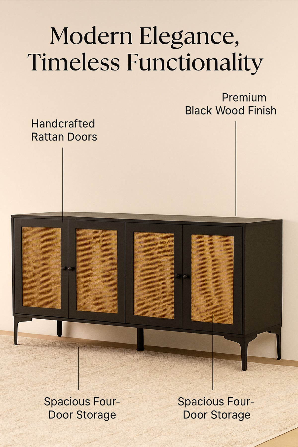 Black Rattan Console Table 160_40_85 cm Ð Modern Wooden 4-Door Storage Cabinet with Cane Doors