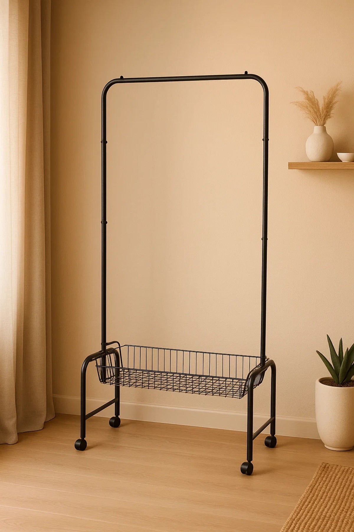 Black Steel Garment Rack with Bottom Wire Basket