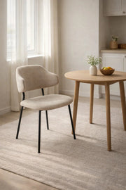 Beige Upholstered Chair with Black Metal Legs, Modern Design beige upholstered chair