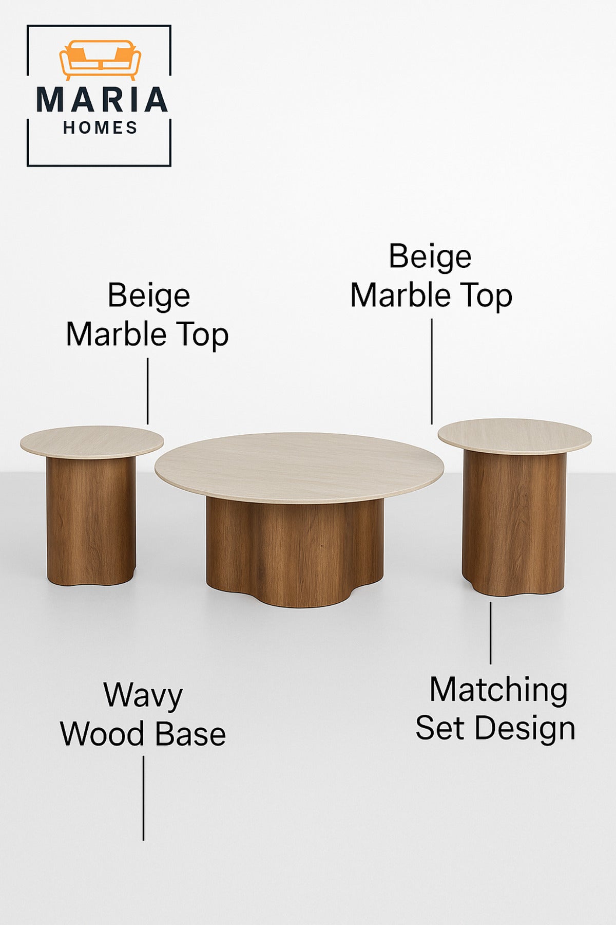 Modern 3-Piece Beige Marble Coffee Table Set with Brown Wooden Base for Living Room