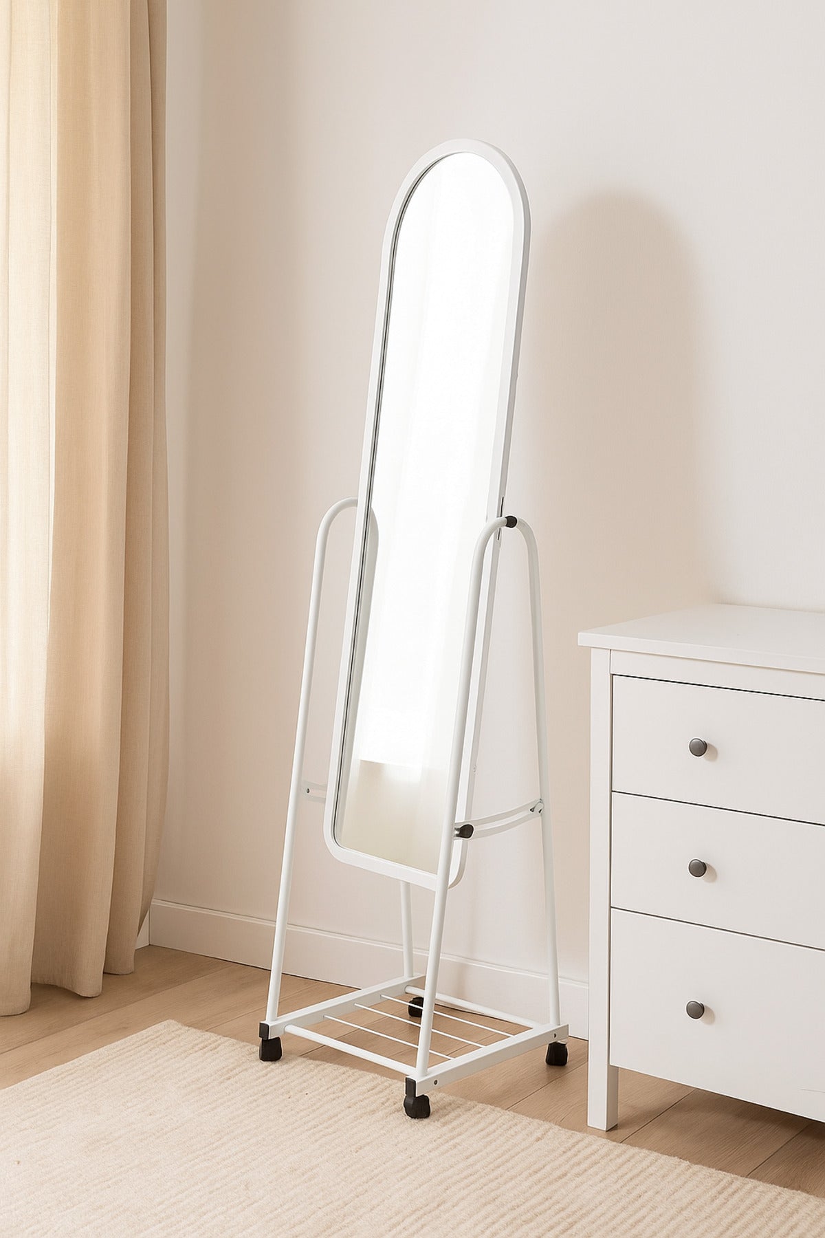 Full-Length Standing Mirror with Wheels Ð White Metal Frame Dressing Mirror with Bottom Shelf