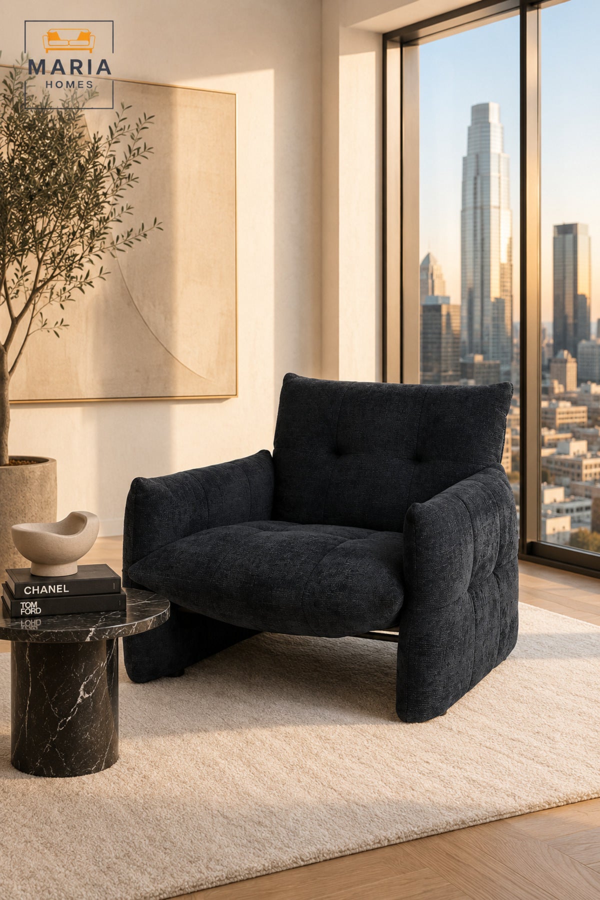 Modern Dark Blue Accent Chair Upholstered Lounge Armchair Comfortable Living Room Furniture
