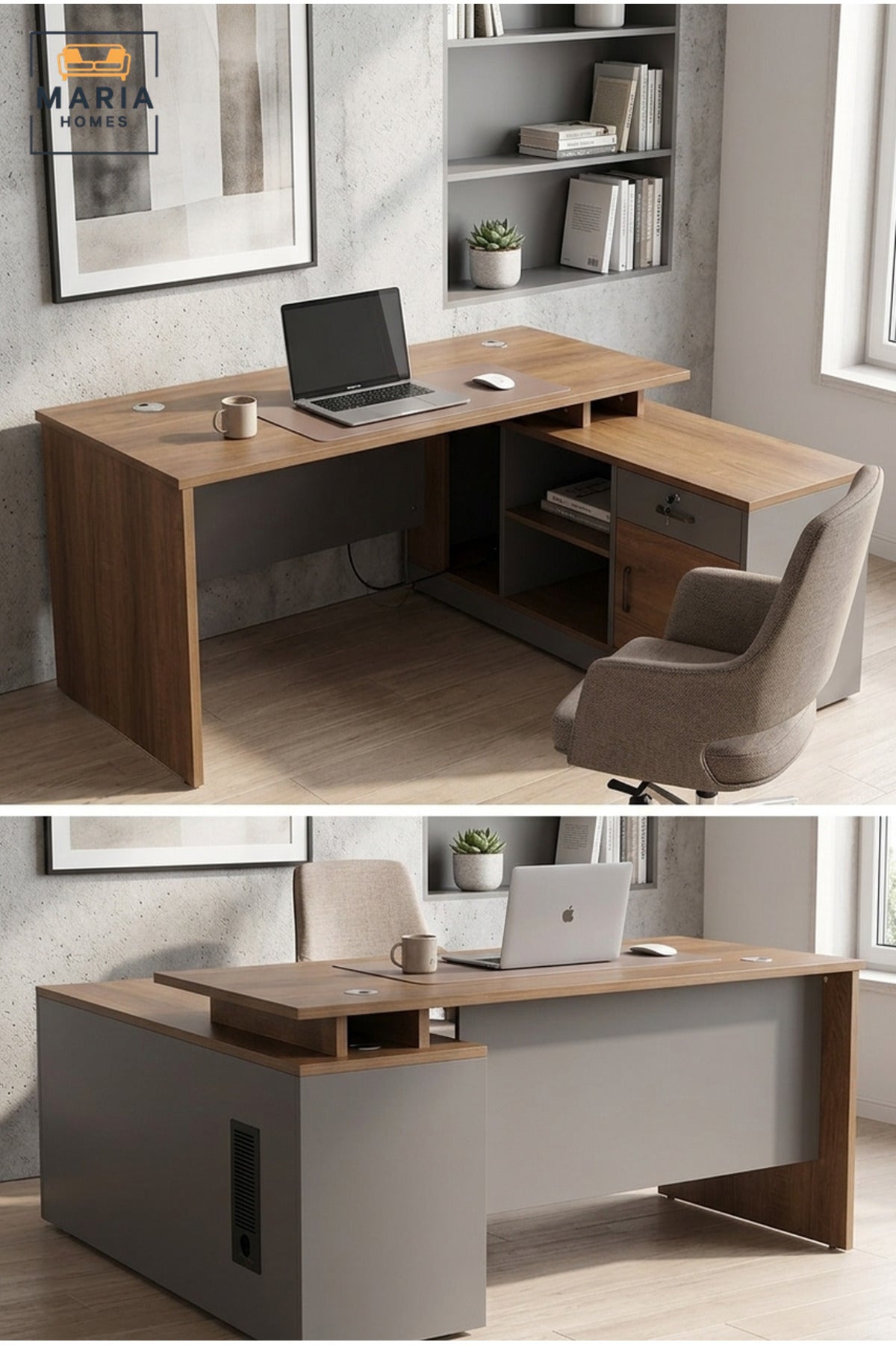 Modern Office Desk with Wooden Top, Side Storage Cabinet, Drawer and Open Shelves, Computer Workstation for Home Office, Study Room and Workplace
