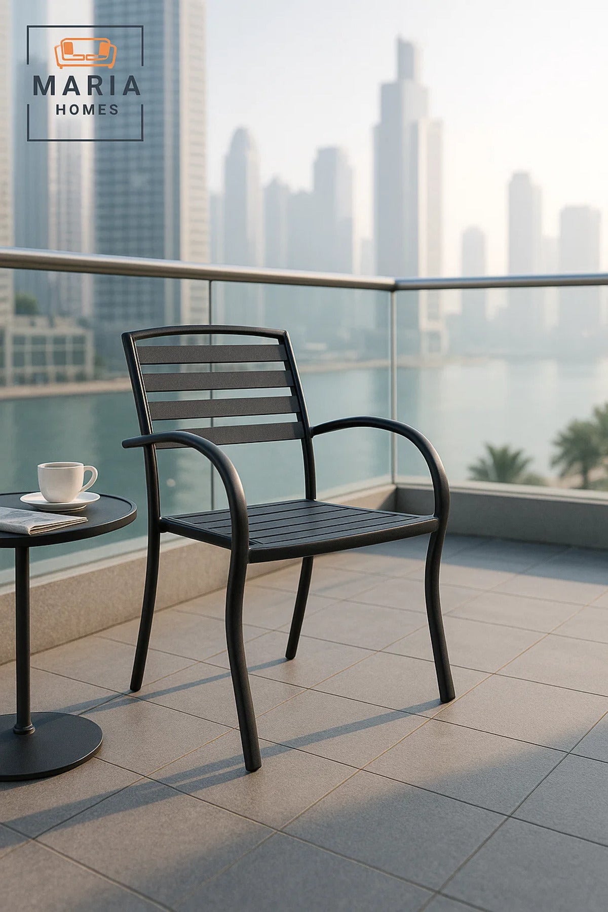 Black Outdoor Dining Armchair Metal Frame Garden Patio Balcony Durable Modern Furniture Chair