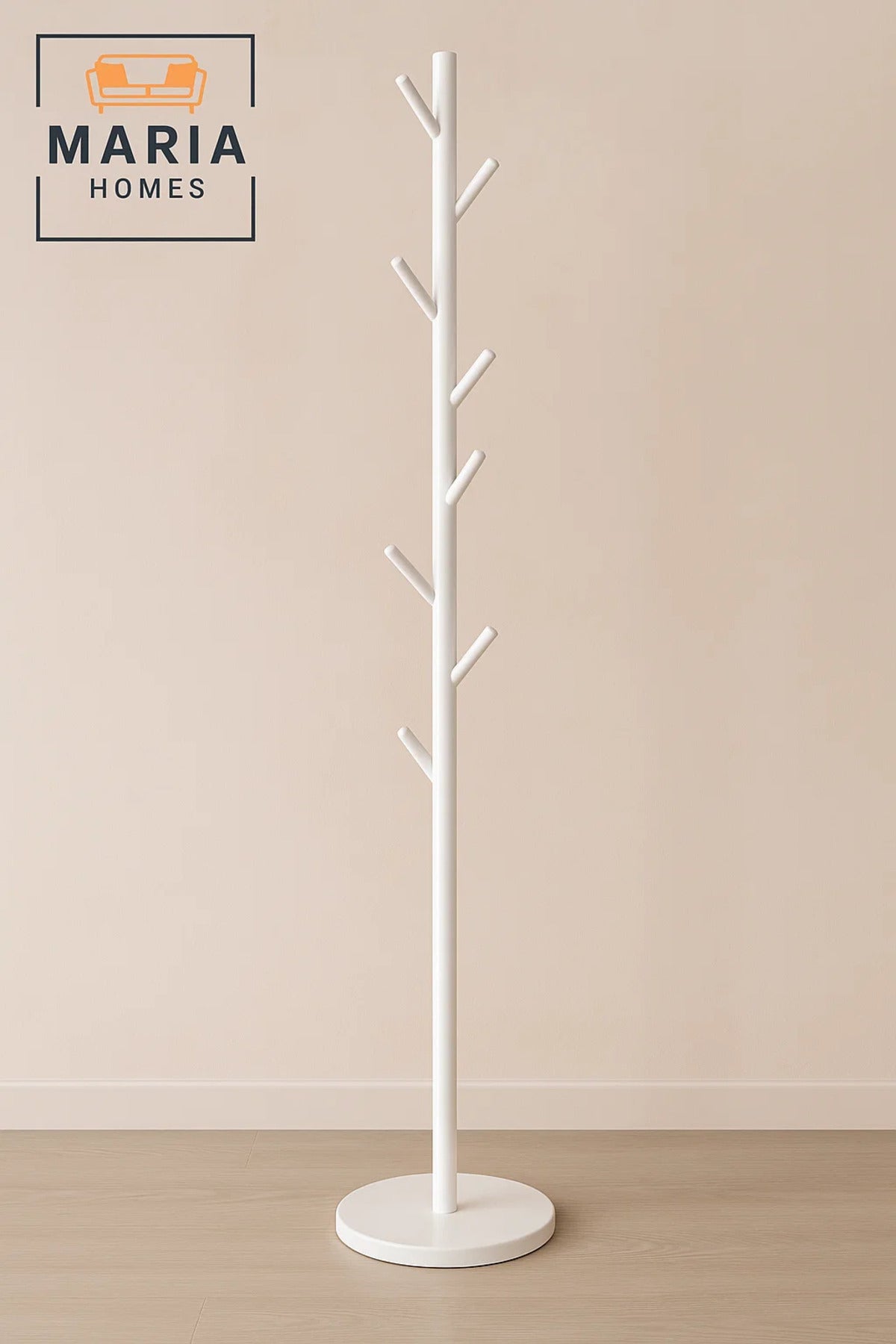 Minimalist White Metal Coat Rack Stand with Hooks and Concrete Base