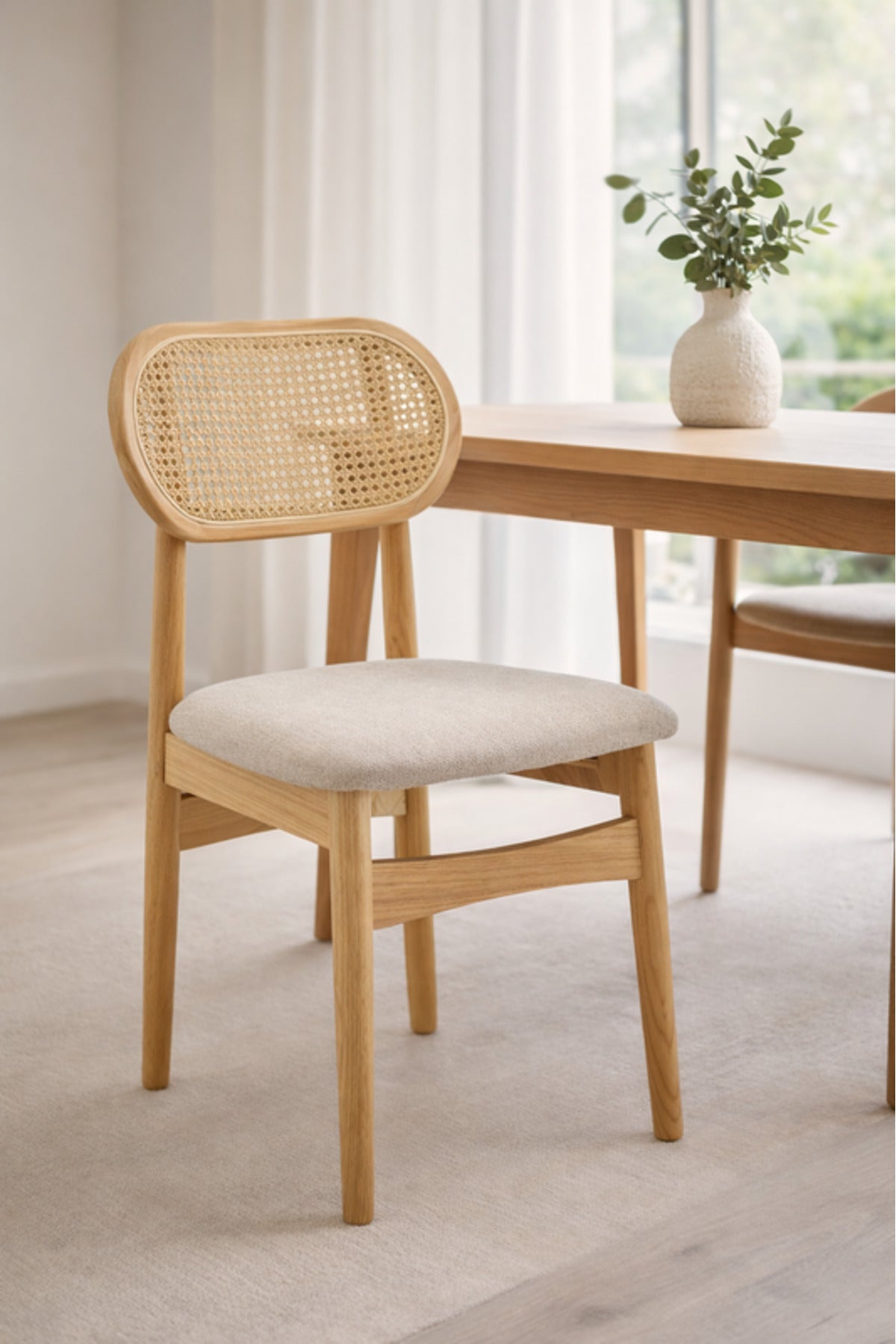 Beige Wooden Dining Chair with Rattan Backrest Upholstered Seat 86cm Height Modern