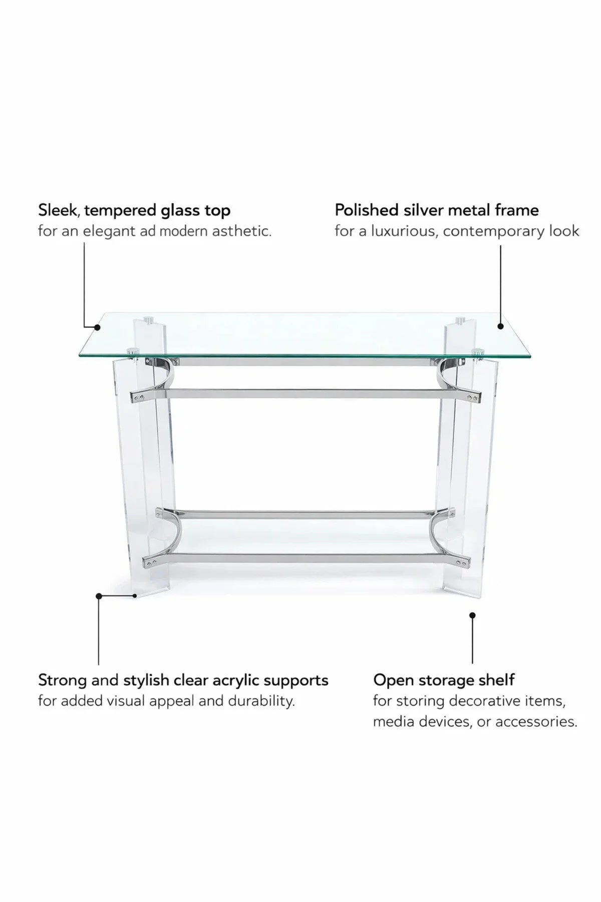 Luxury Clear Acrylic Console Table Chrome Silver Metal Frame Tempered Glass Top Hallway 120cm