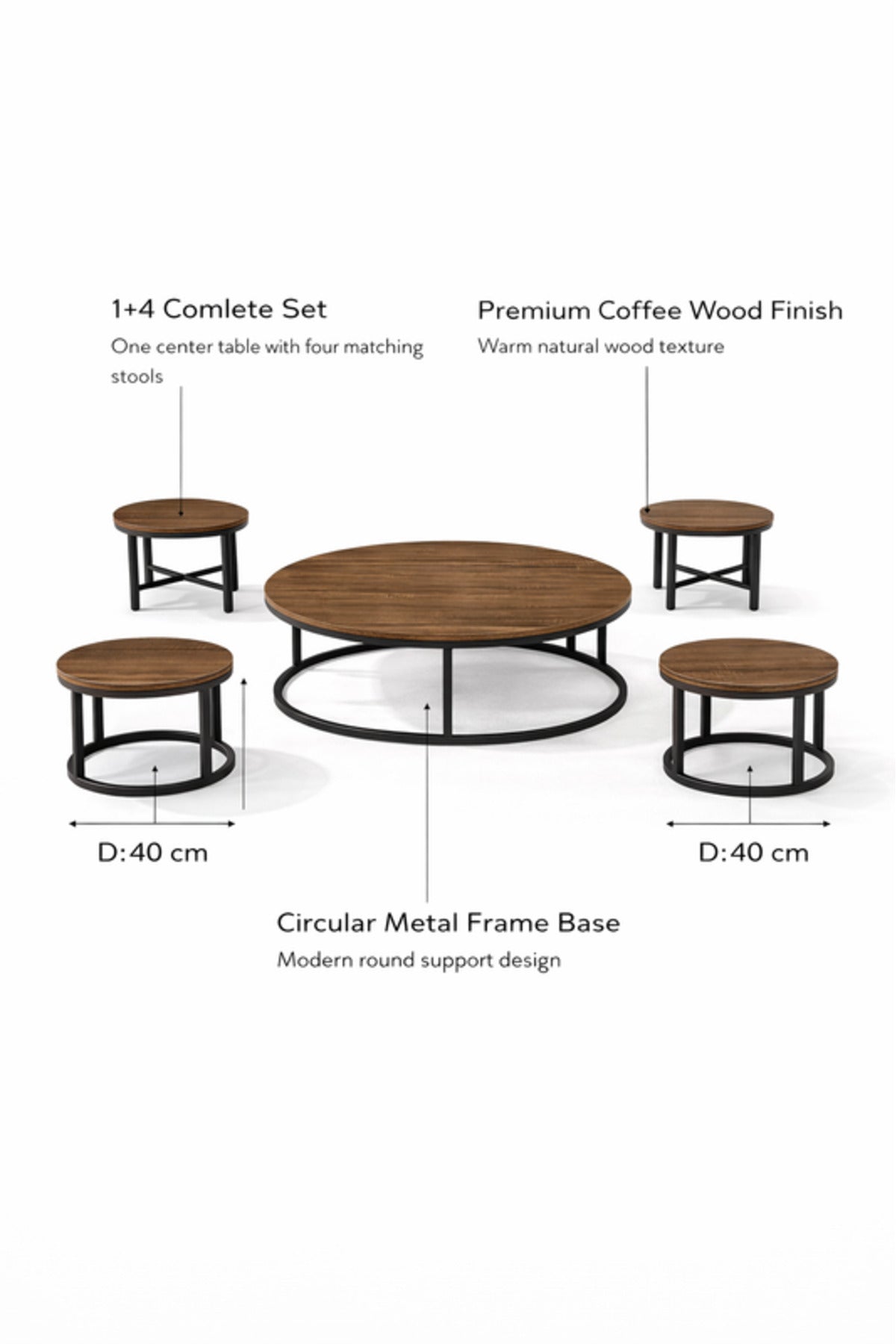 Modern Round Coffee Table Set 1+4 √ê Wood Top with Black Metal Frame