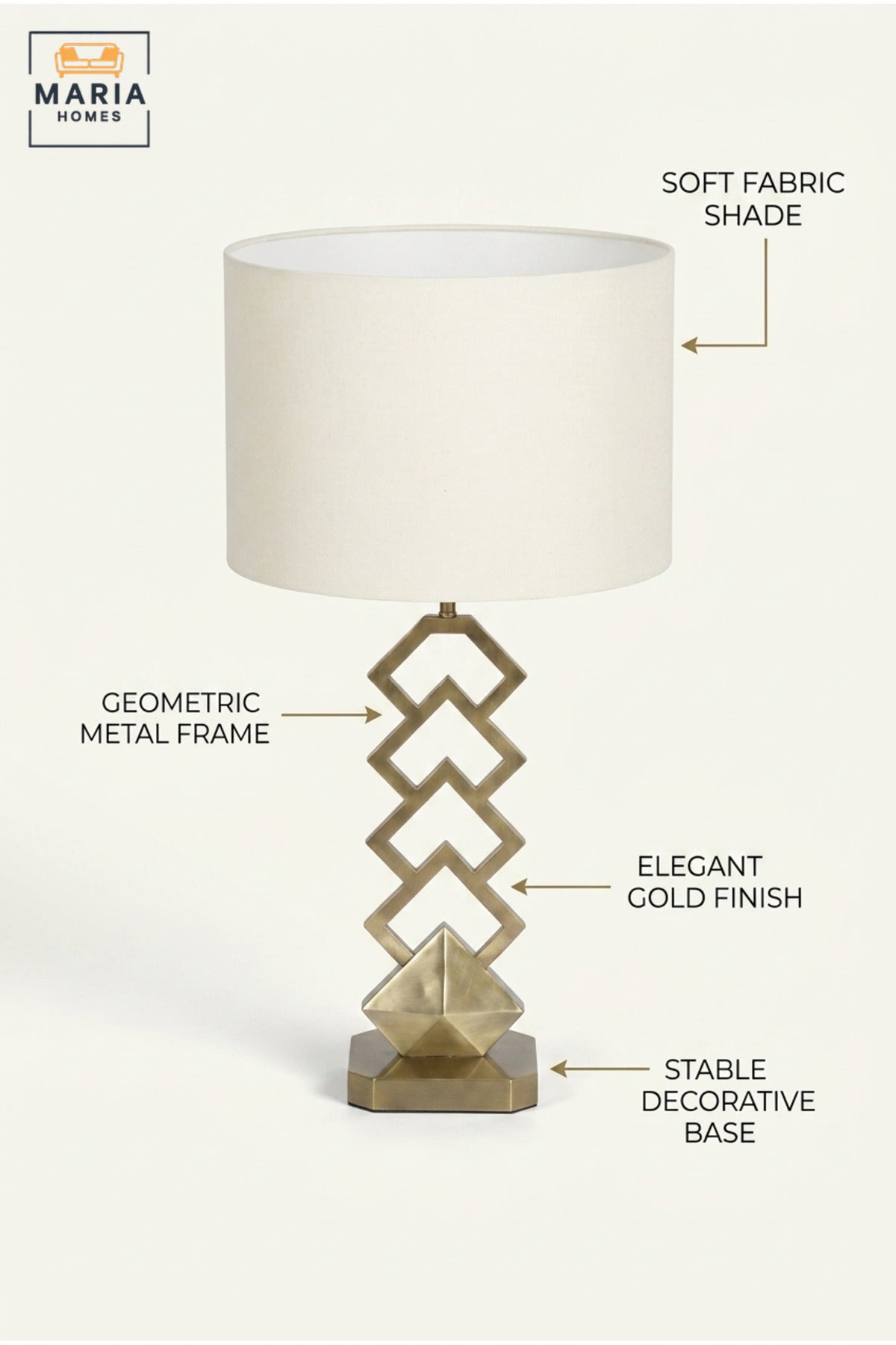 Modern Geometric Gold Table Lamp with White Drum Fabric Shade and Open Sculptural Base for Bedroom, Living Room, Office, Hotel and Bedside Décor