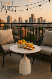 Round White Marble-Look Table with Glossy Textured Base