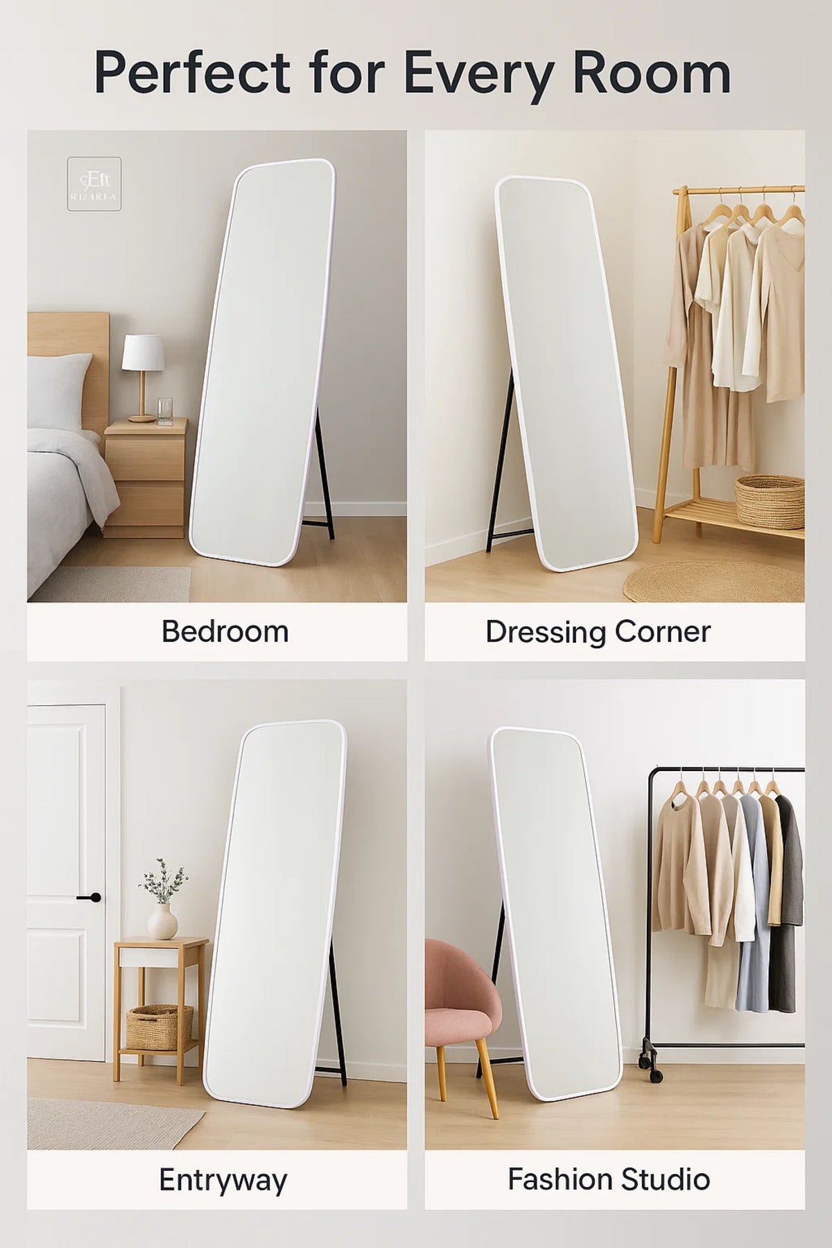 White Full-Length Mirror with Rounded Corners Ð 170x54 cm Standing Frame