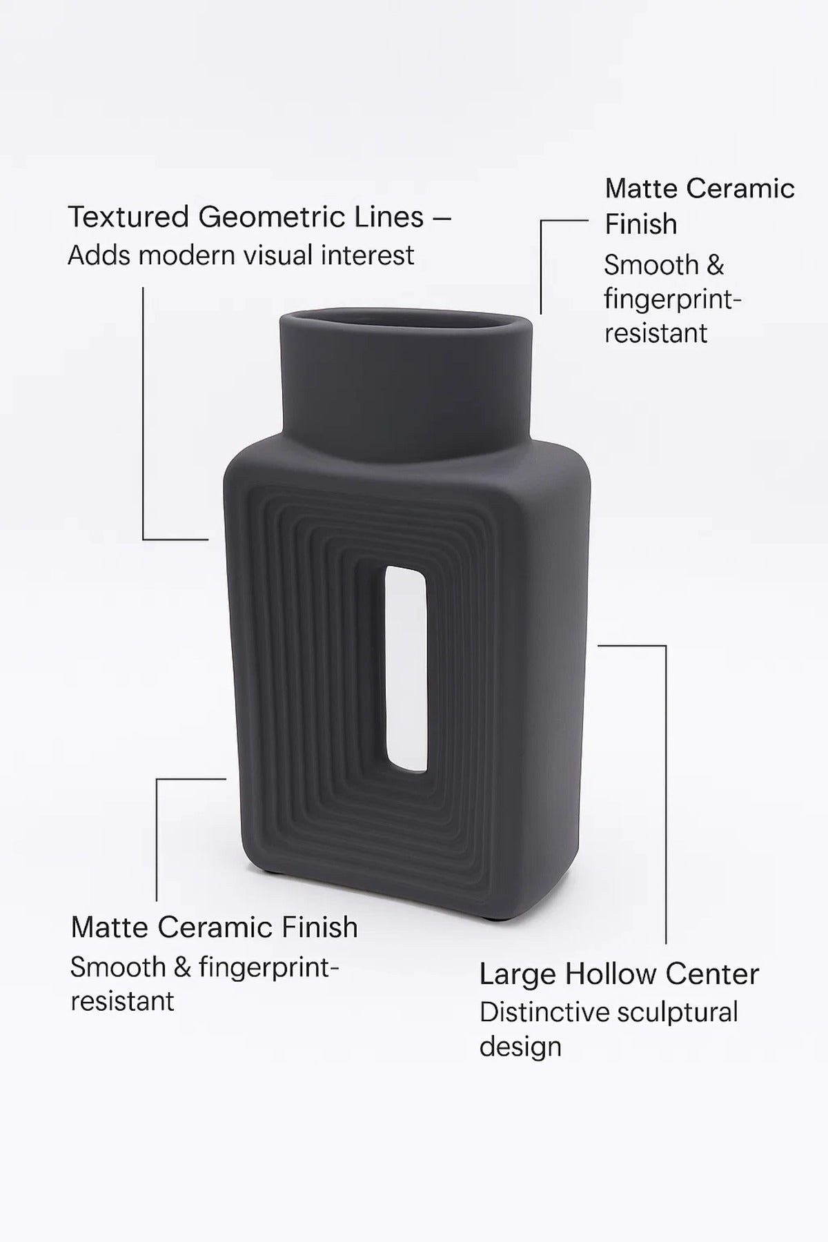 Matte Gray Geometric Ceramic Vase Ð Modern Rectangular Decorative Flower Pot with Cut-Out Design