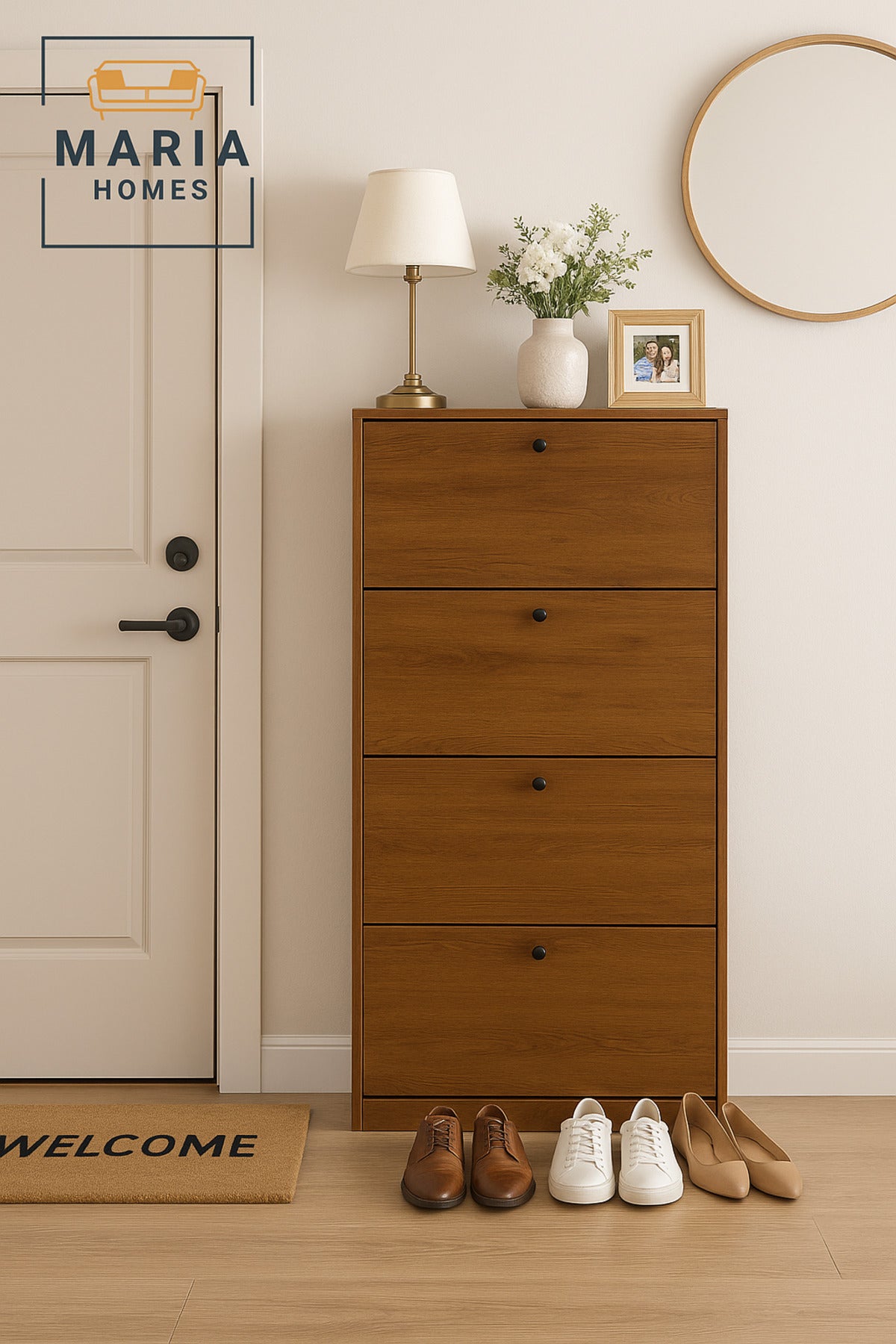 Modern Wooden Shoe Cabinet Ð 4 Flip Drawers Space Saving Shoe Rack Organizer 62_25_158 cm Brown