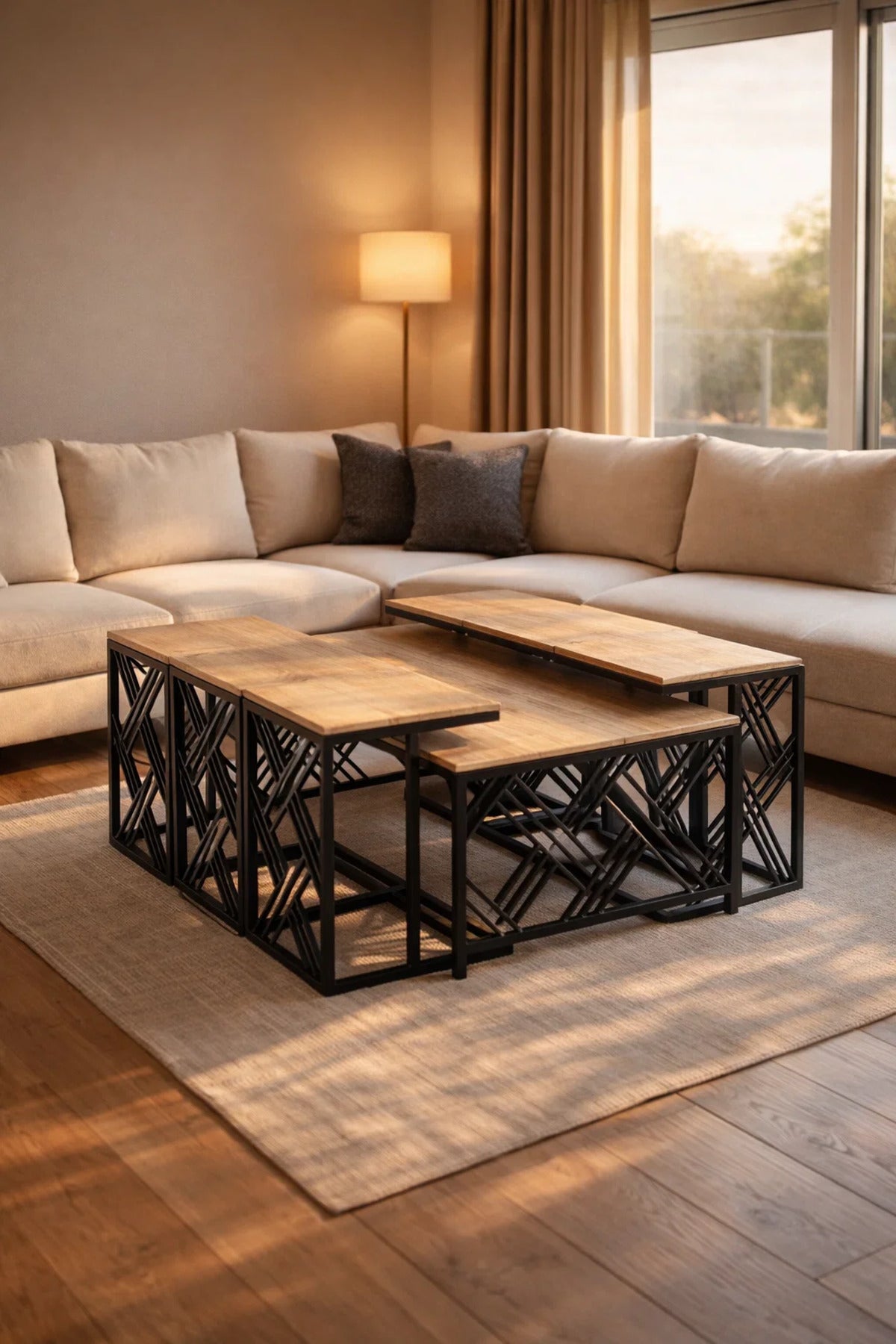 Modern Wood Coffee Table Set with 6 Side Tables 130 _ 70 45 cm modern wood coffee