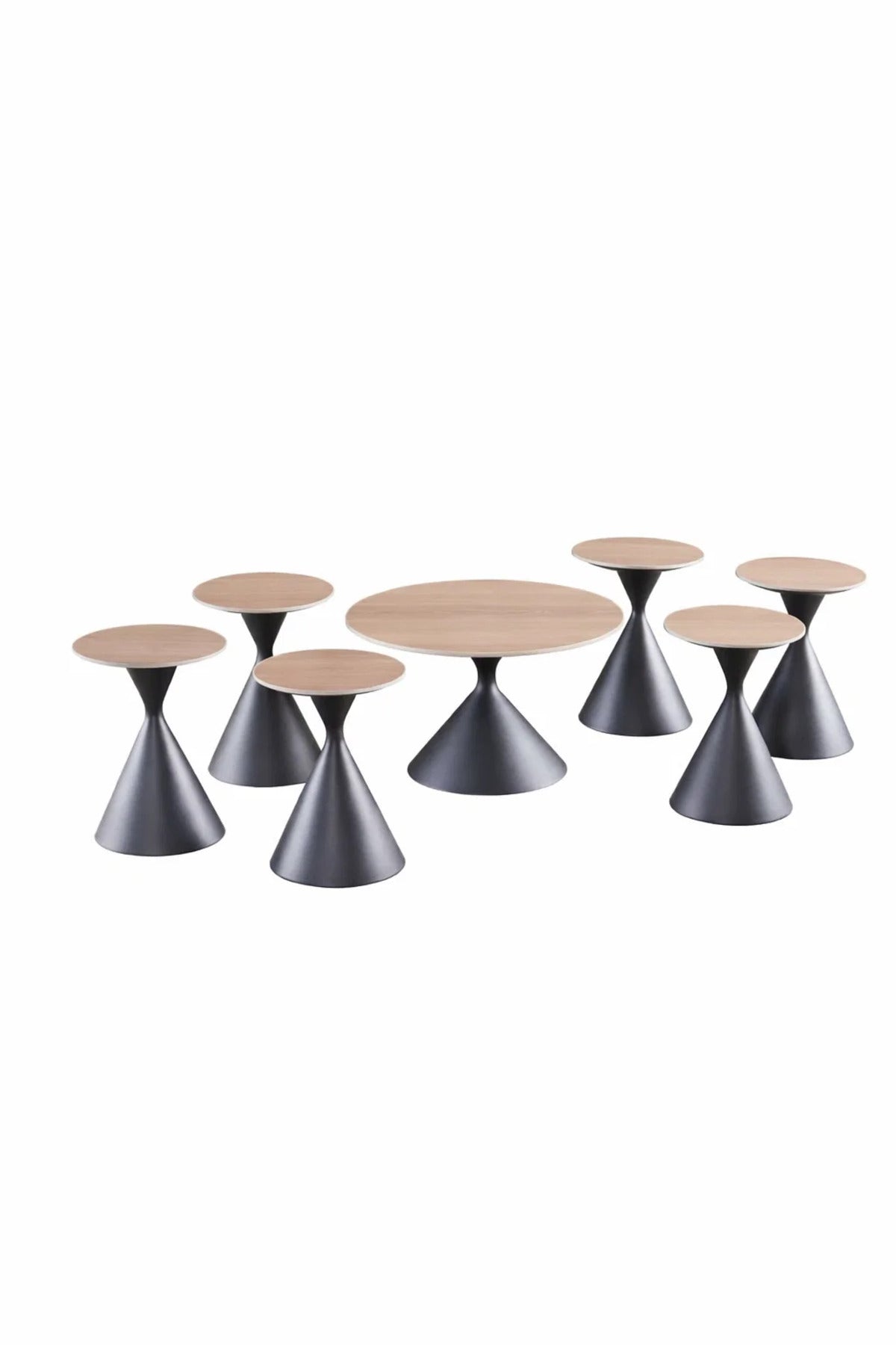 Modern 7-Piece Center Table Set 1 Large 6 Small Round Coffee Tables Light Brown Top Dark Base