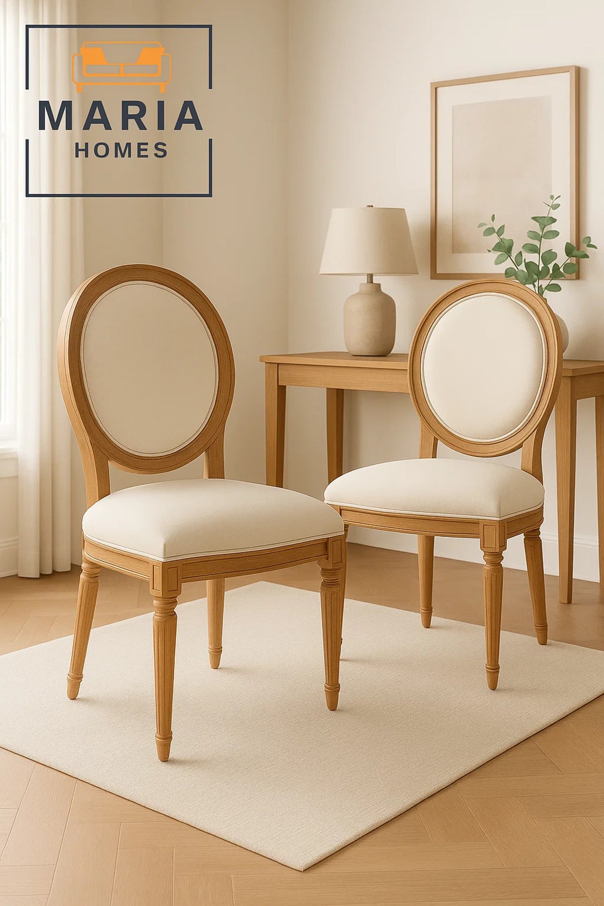 Classic Round Back Upholstered Chair Ð Solid Wood Frame with Cream Linen Seat for Elegant Interiors