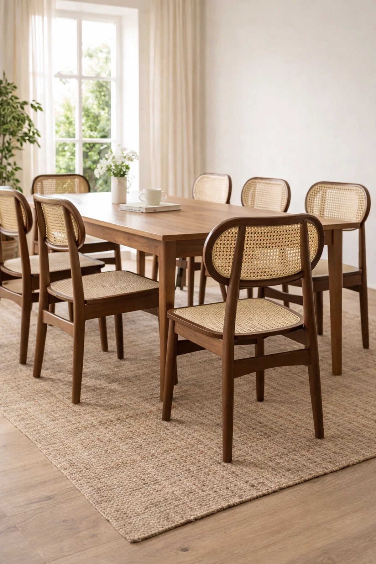 Dark Brown Wooden Rattan Dining Chair 68cm Height Natural Cane Seat Modern dark brown