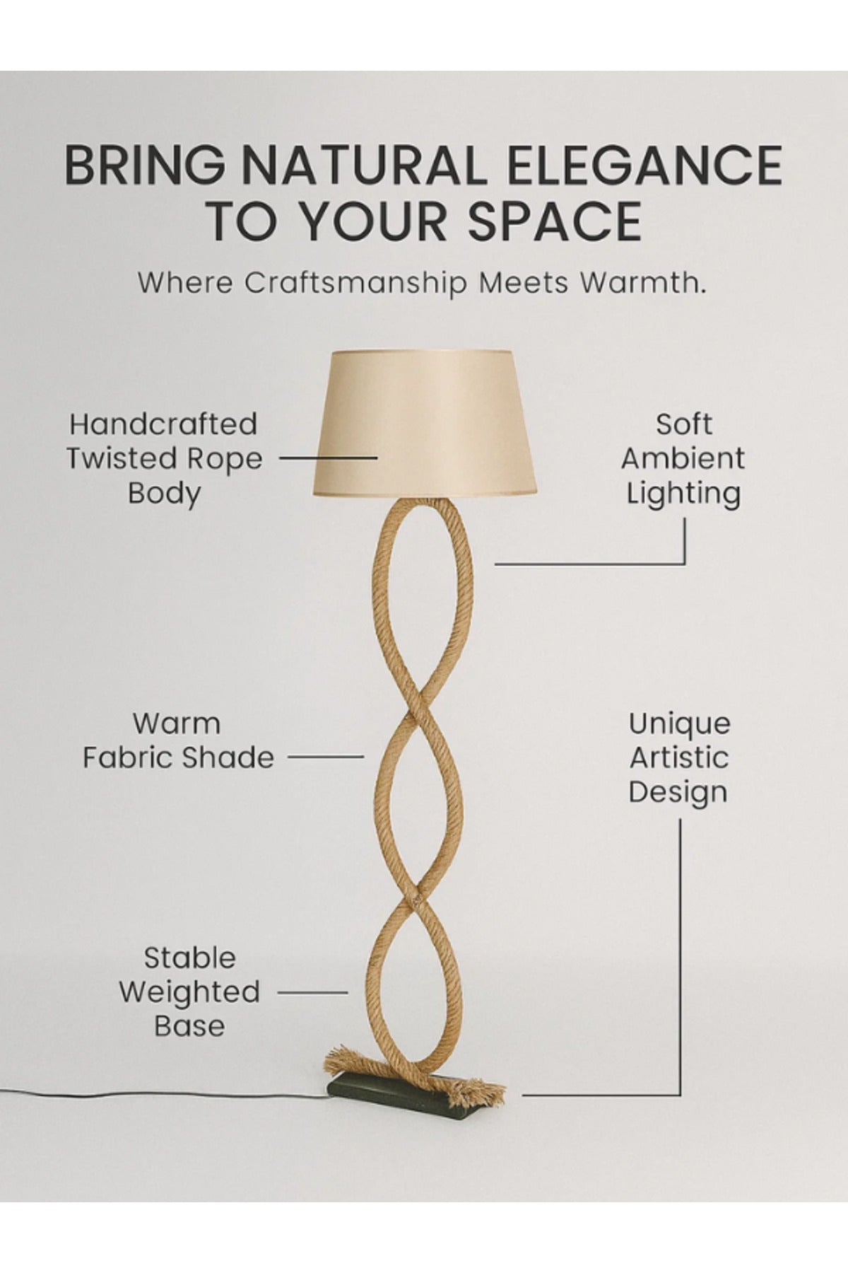 Rope Floor Lamp Natural Brown Fabric Shade with Artistic Rope Stand for Living Room & Bedroom