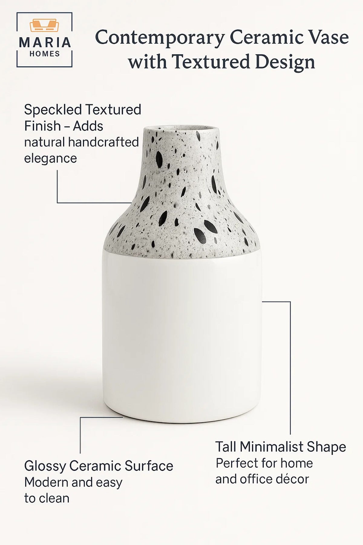 White Ceramic Vase with Terrazzo Speckled Neck – Modern Glossy Decorative Flower Pot