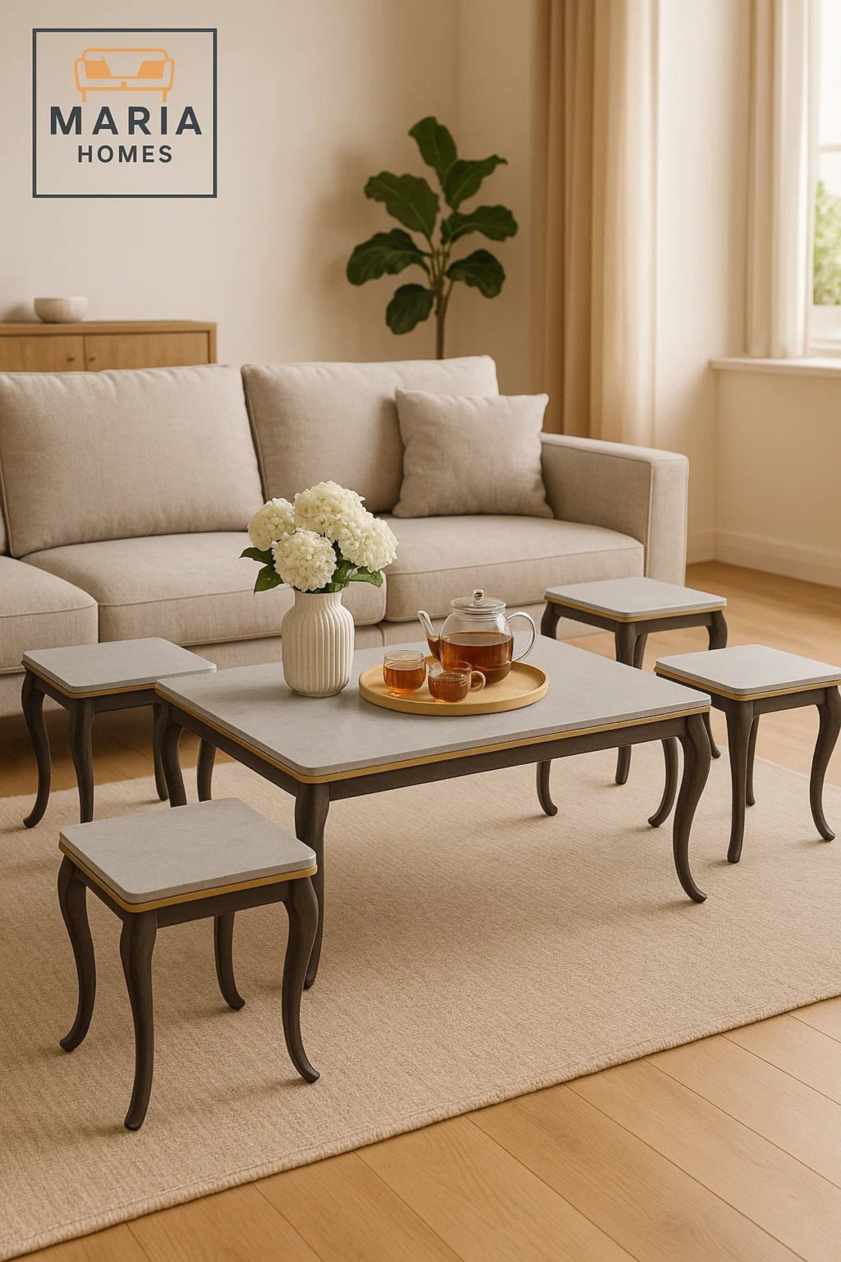 Ceramic Marble Tea Table Set 1+4 – Square Coffee Table and Side Tables 120×60×50 / 45×45×55
