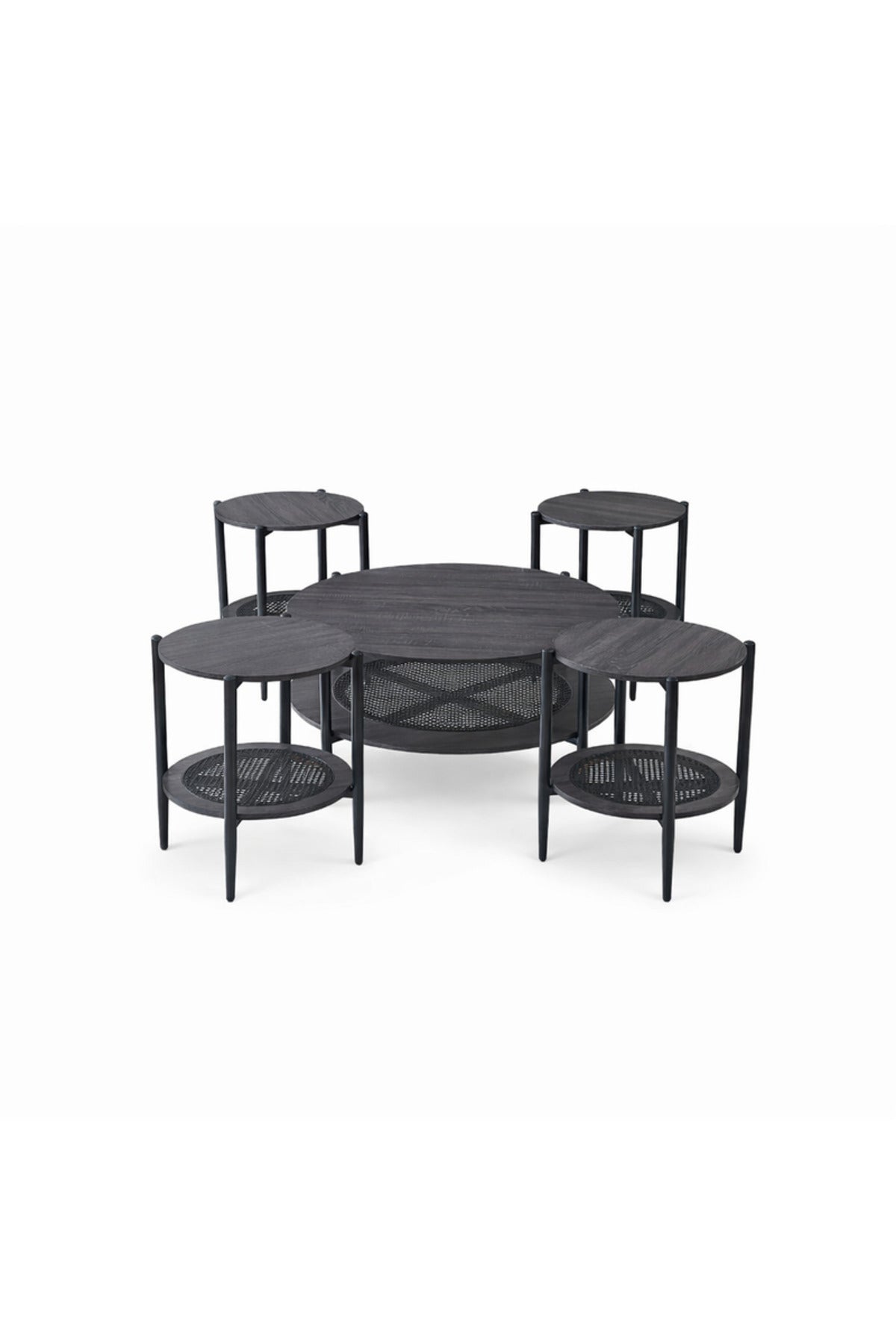 Dark Grey Round Coffee Table Set of 5 with 4 Side Tables and Mesh Shelf for Modern Living Rooms