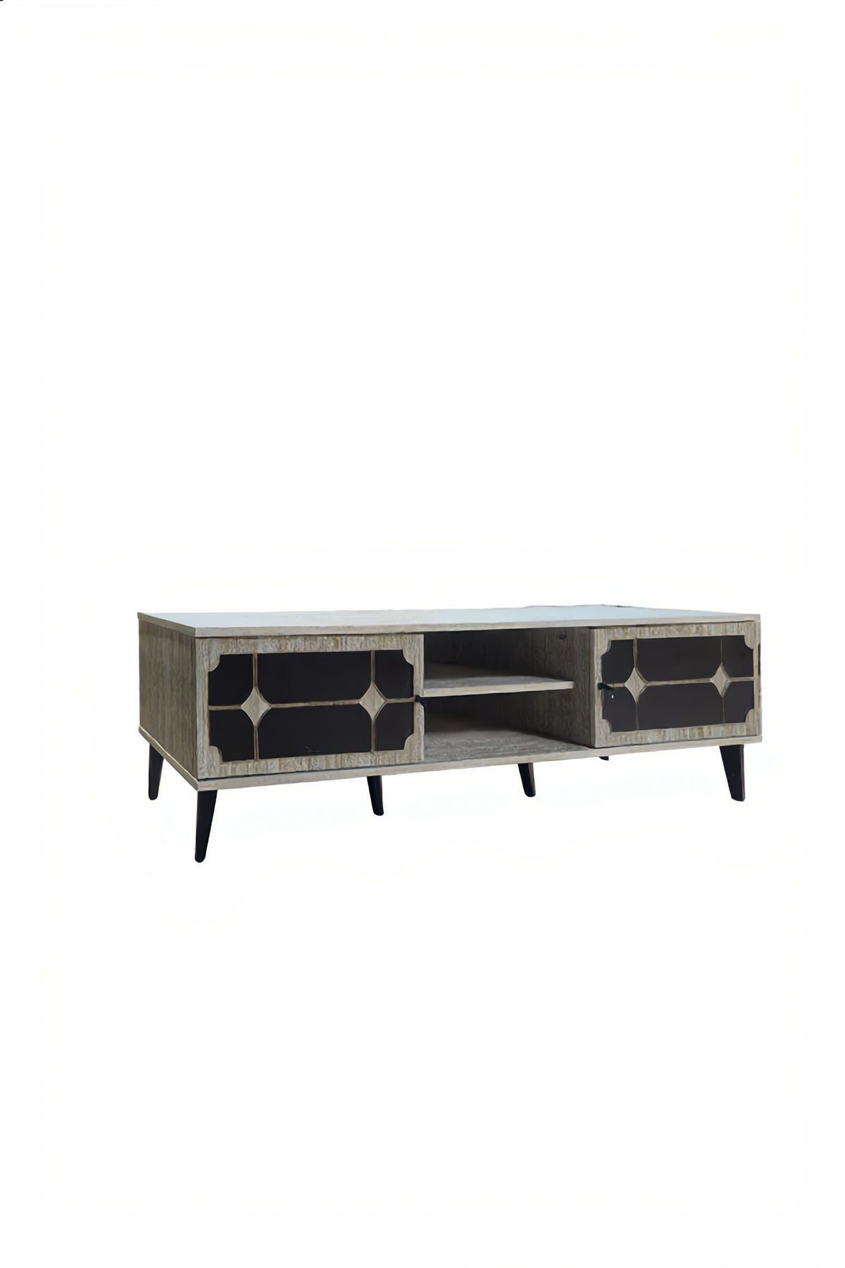 Modern 180cm TV Unit Entertainment Center Beige Wood Black Geometric Storage for Living Room Style