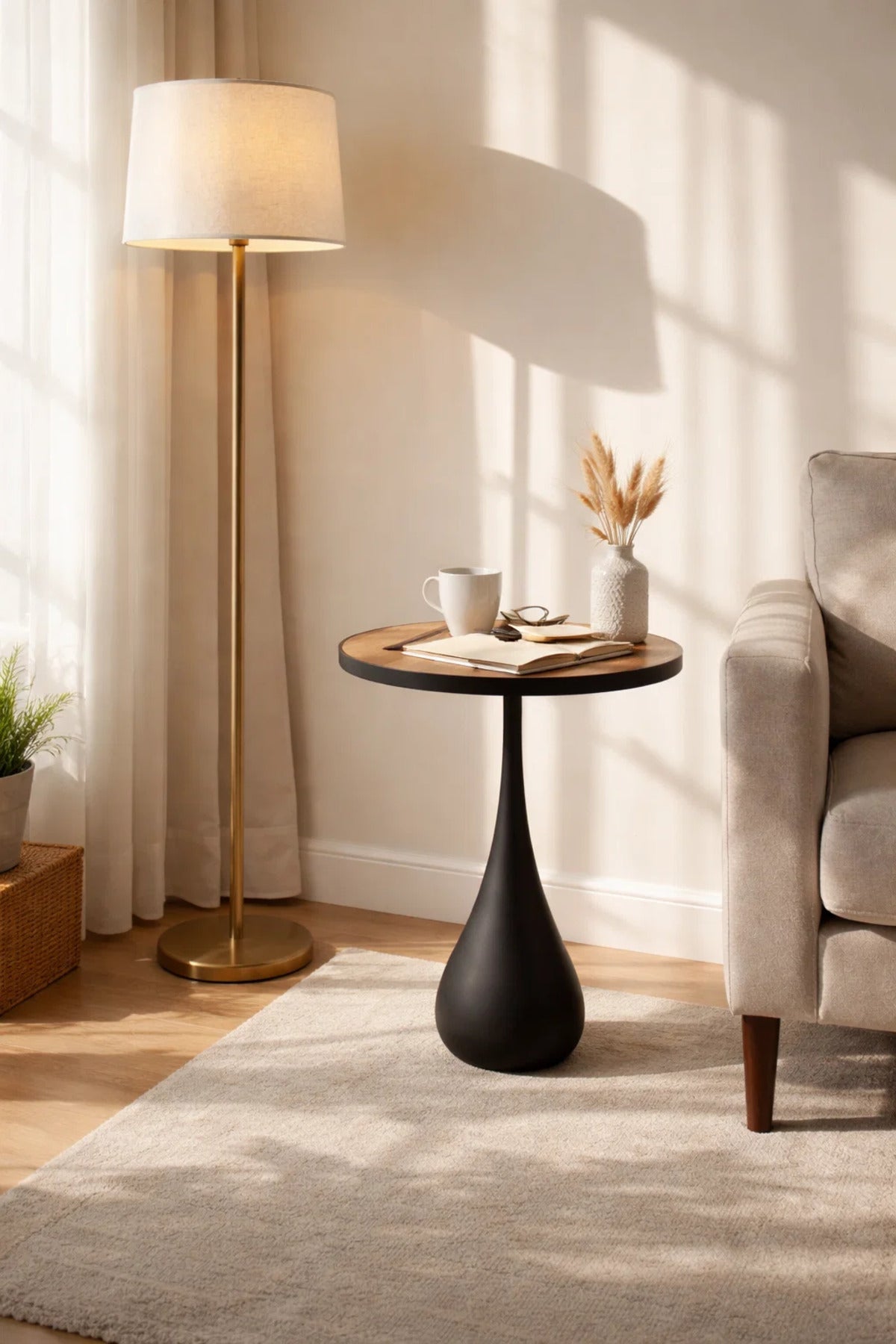 Stylish Round End Side Table Brown Wood Top Black Metal Pedestal Base Modern Living Room Decor 60cm