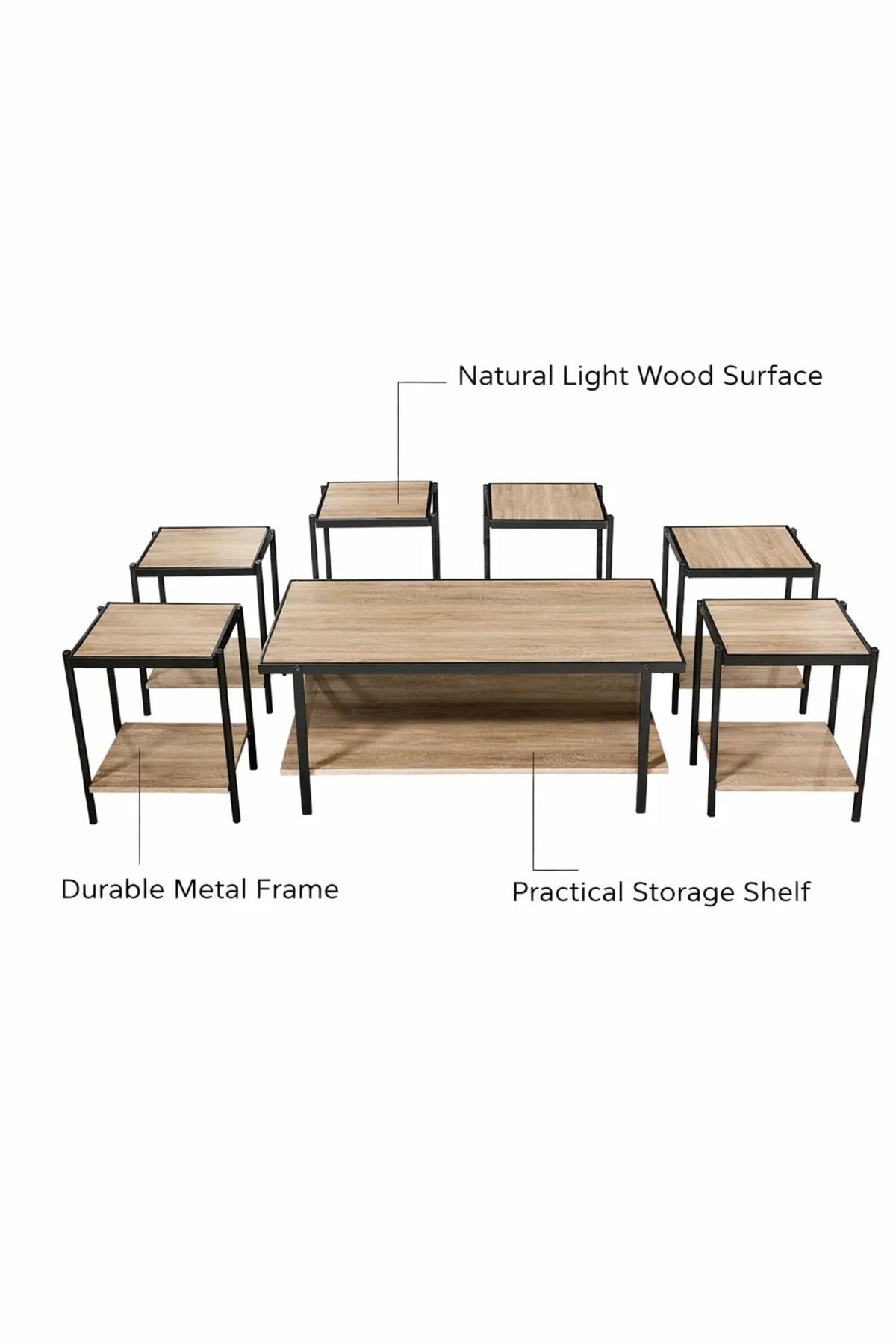Modern Wood Coffee Table Set with 6 Side Tables and Shelf modern wood coffee Center
